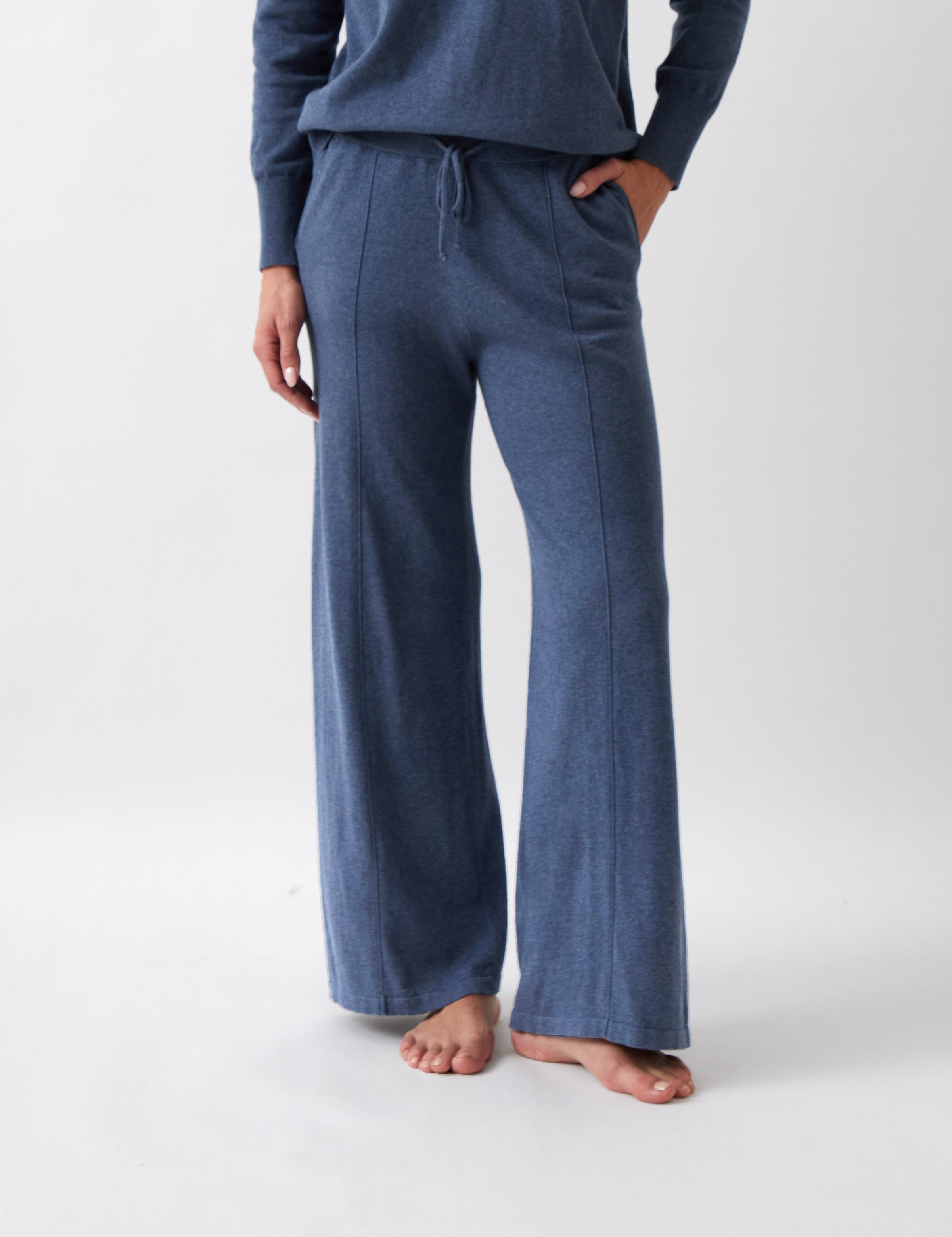 Cotton Cashmere Wide Leg Lounge Pants | Blue-1