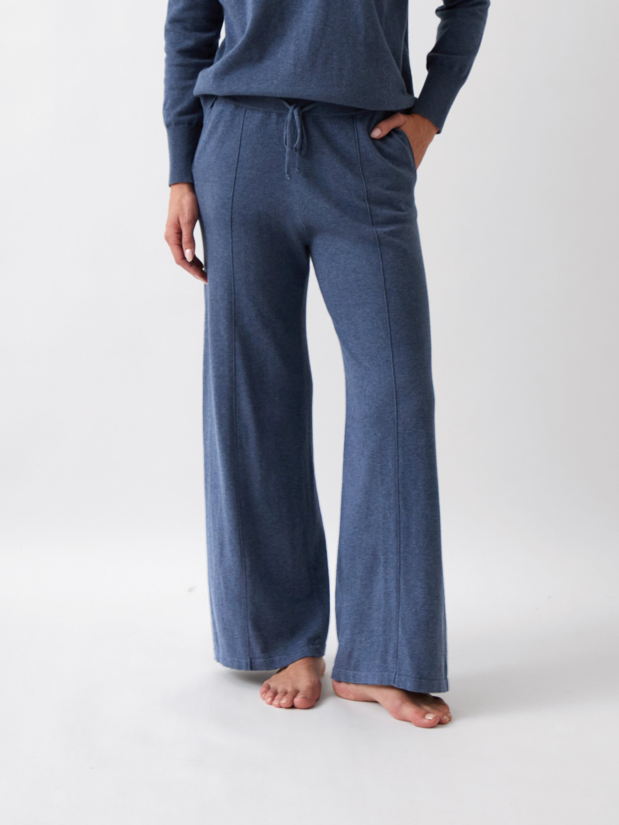 Cotton Cashmere Wide Leg Lounge Pants | Blue-1