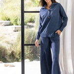 Cotton Cashmere Wide Leg Lounge Pants | Blue-3