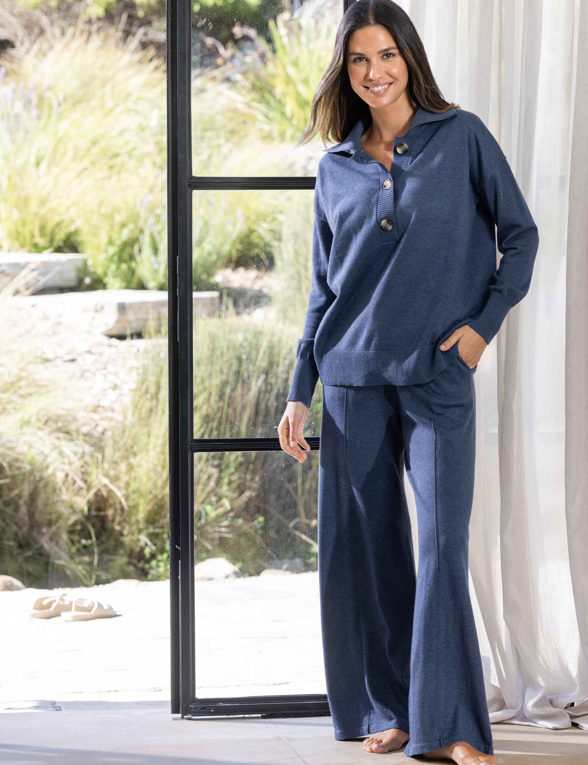 Cotton Cashmere Wide Leg Lounge Pants | Blue-3