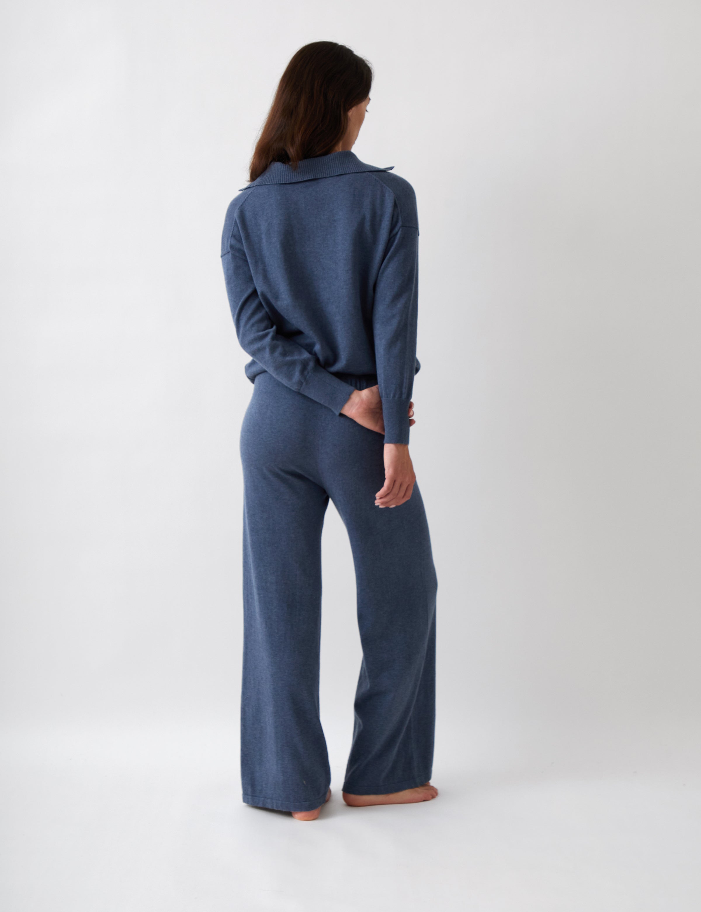 Cotton Cashmere Wide Leg Lounge Pants | Blue-4
