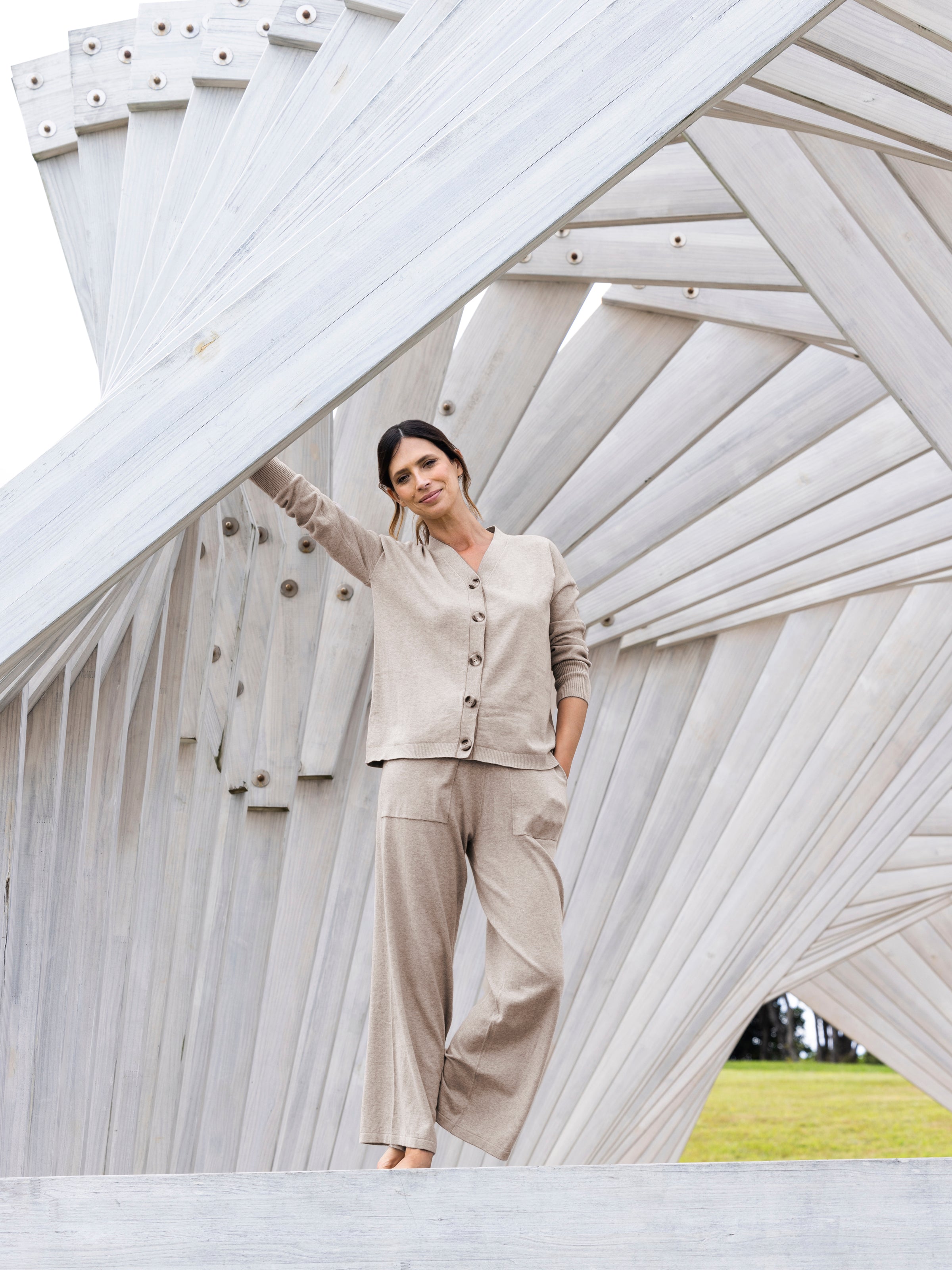 Cotton Cashmere Wide Leg Lounge Pants | Natural-3