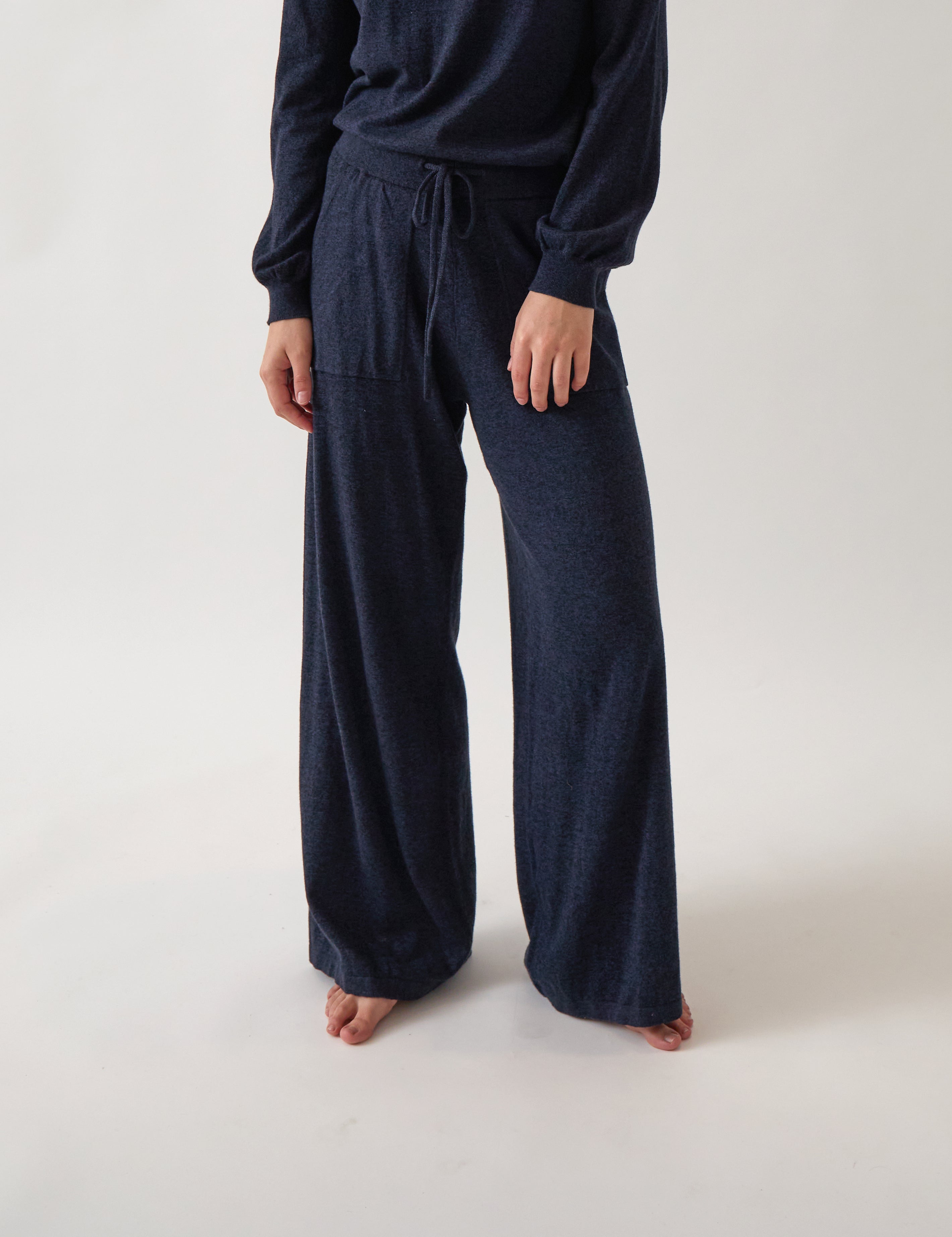 Cotton Cashmere Wide Leg Lounge Pants | Navy-1