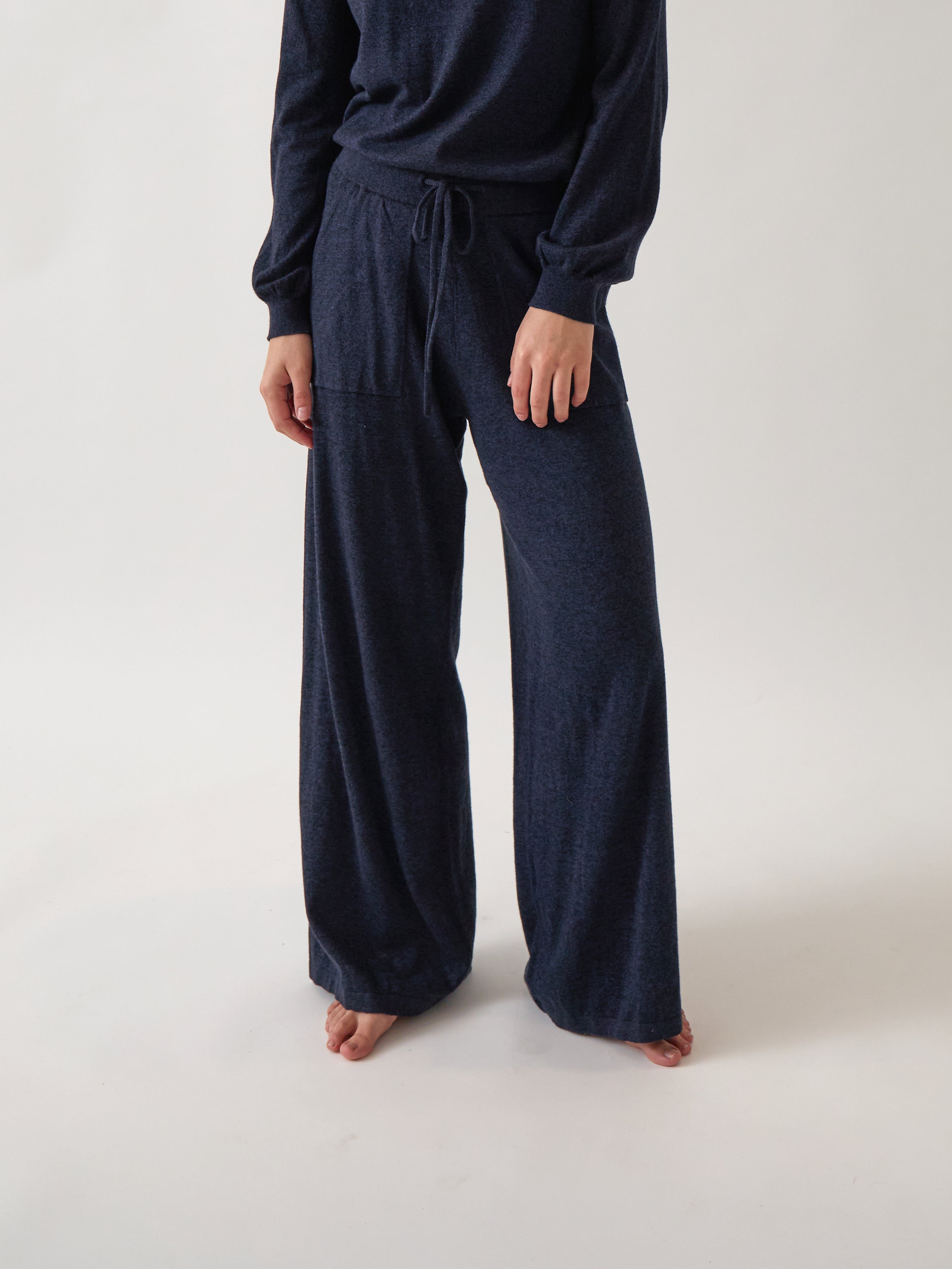 Cotton Cashmere Wide Leg Lounge Pants | Navy-1