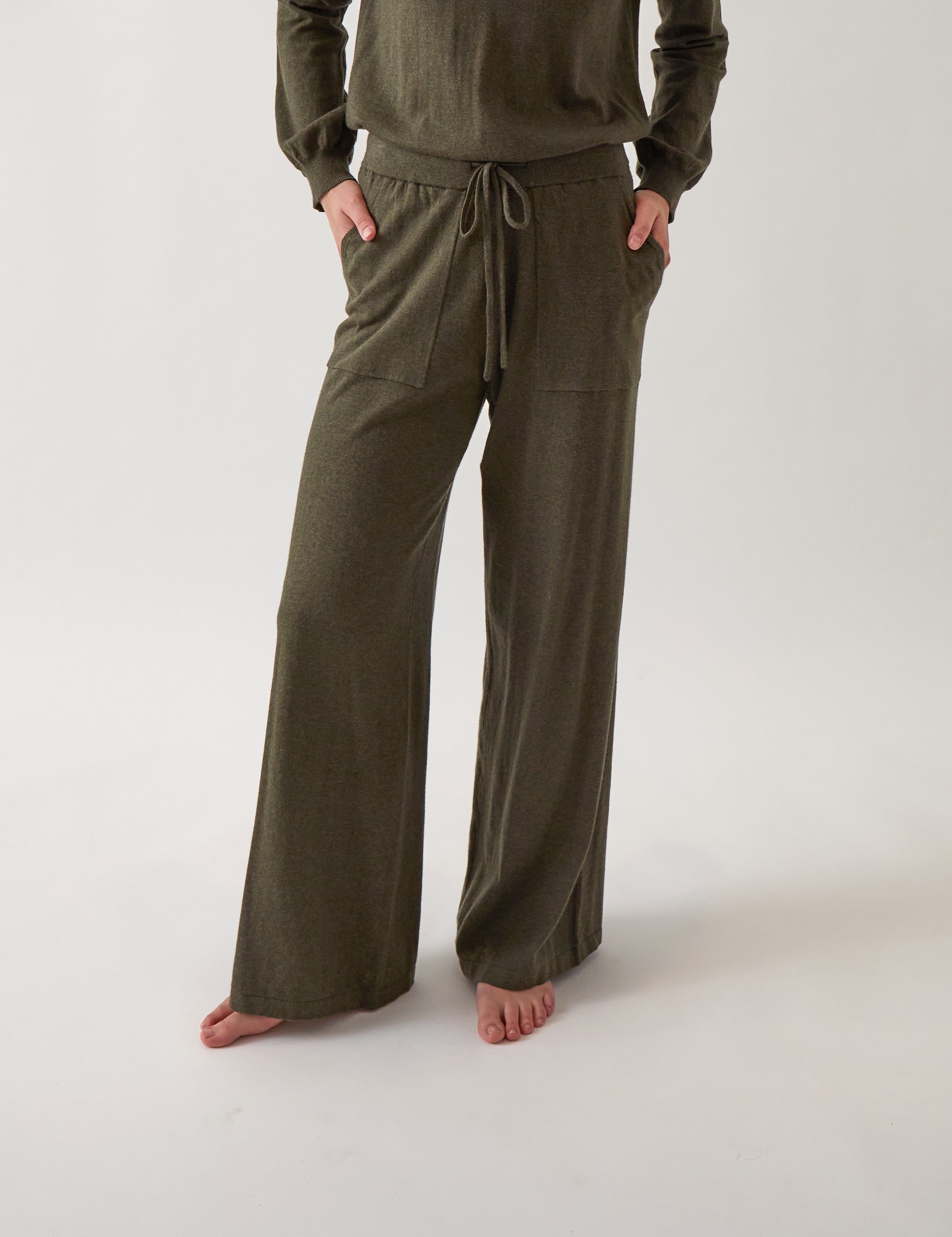 Cotton Cashmere Wide Leg Lounge Pants | Olive-1