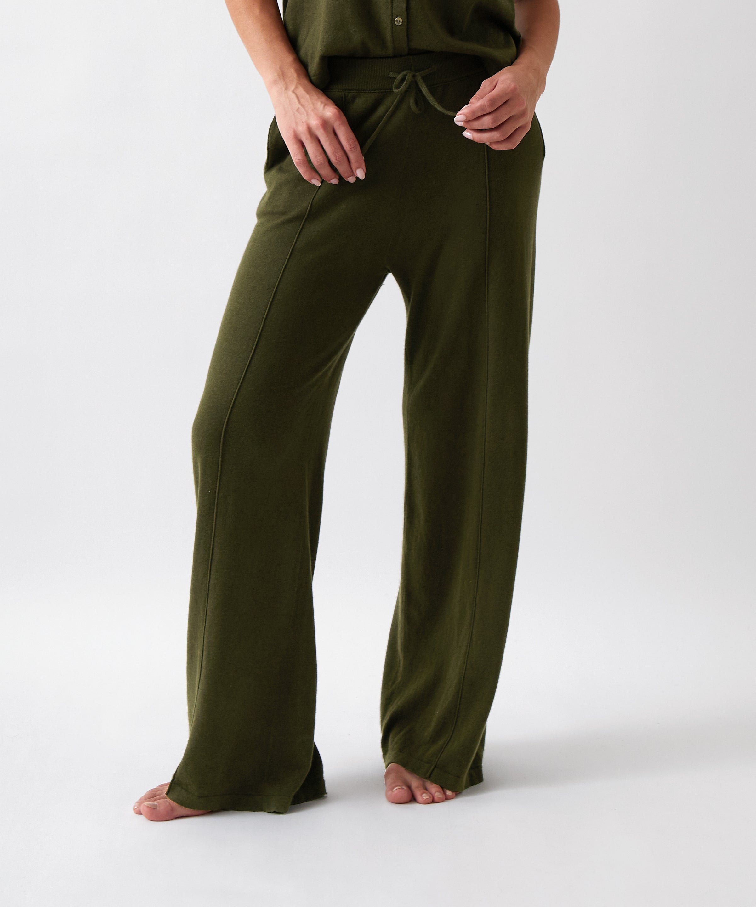 Cotton Cashmere Wide Leg Lounge Pants | Olive-1