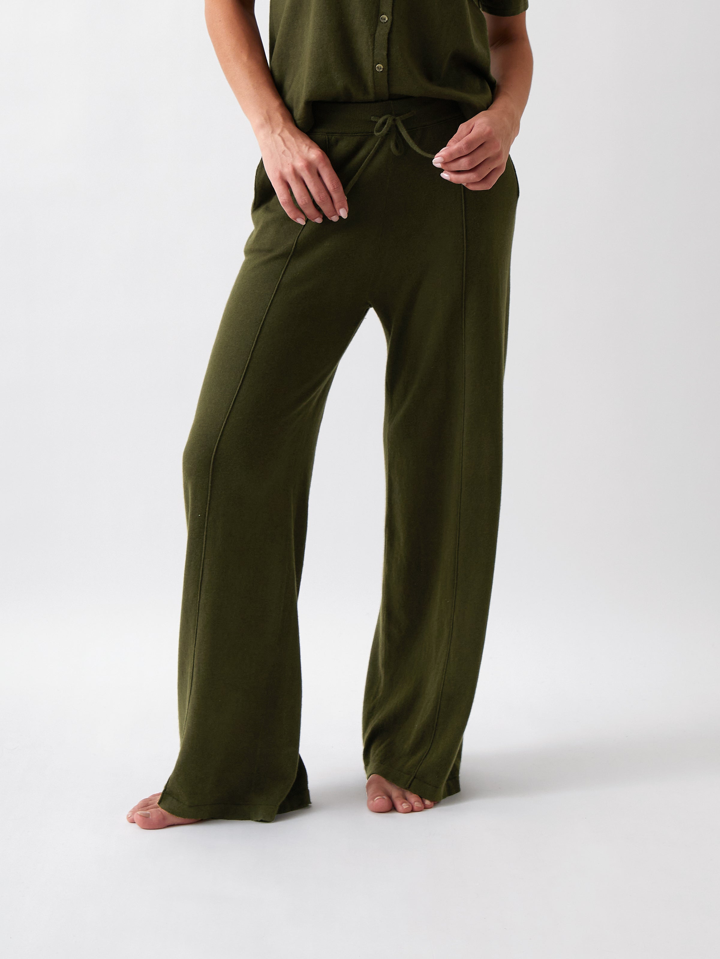 Cotton Cashmere Wide Leg Lounge Pants | Olive-1