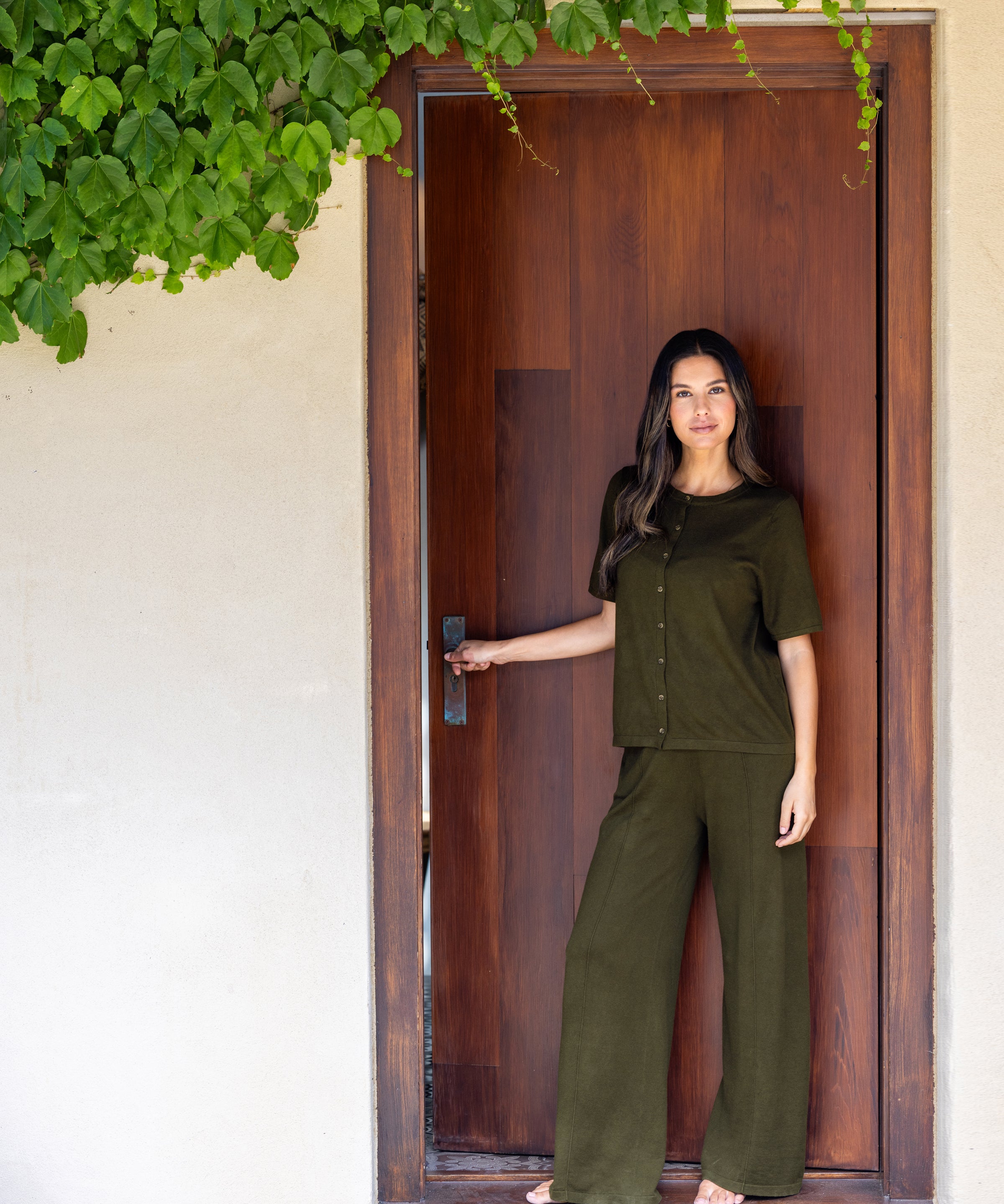 Cotton Cashmere Wide Leg Lounge Pants | Olive-3