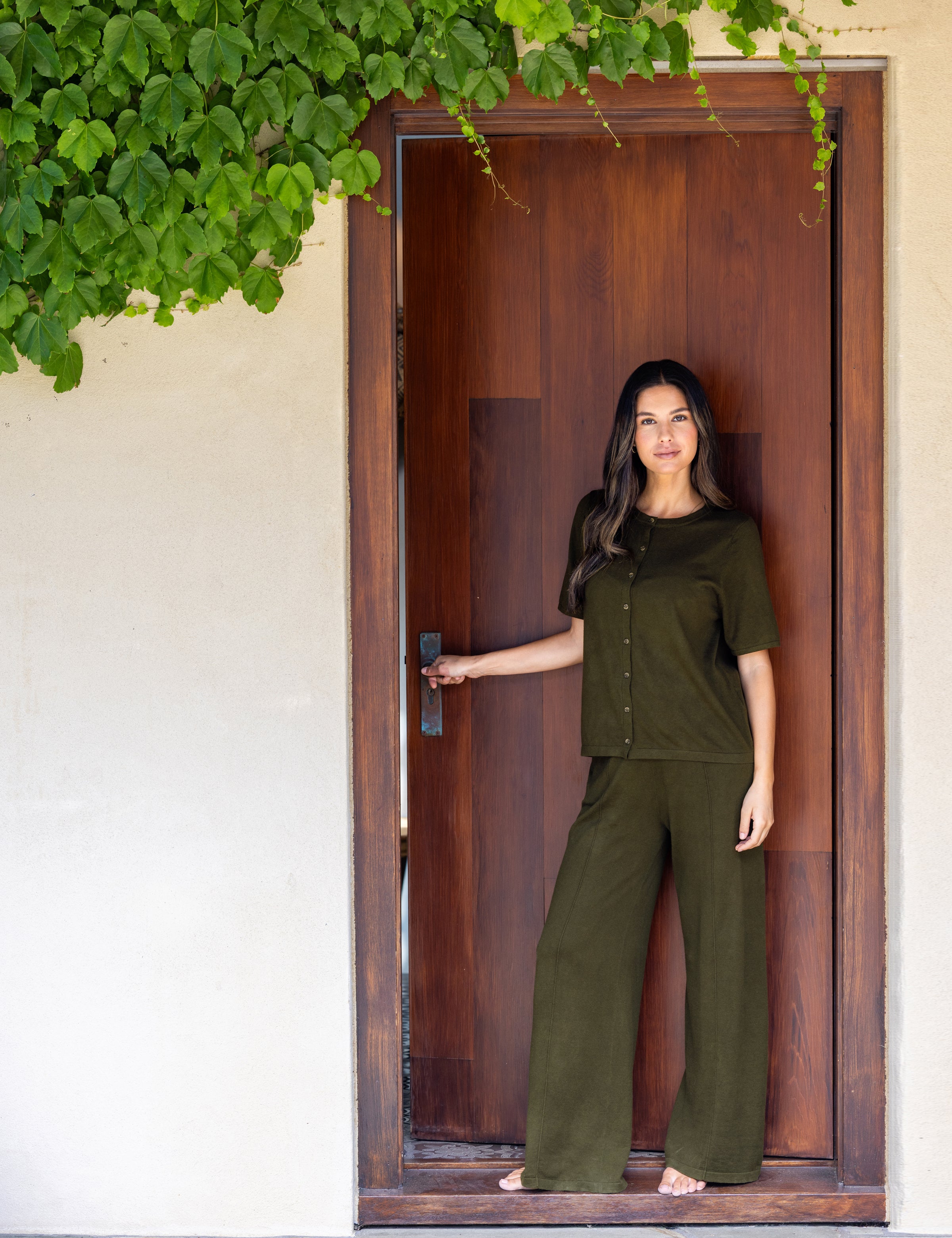Cotton Cashmere Wide Leg Lounge Pants | Olive-3