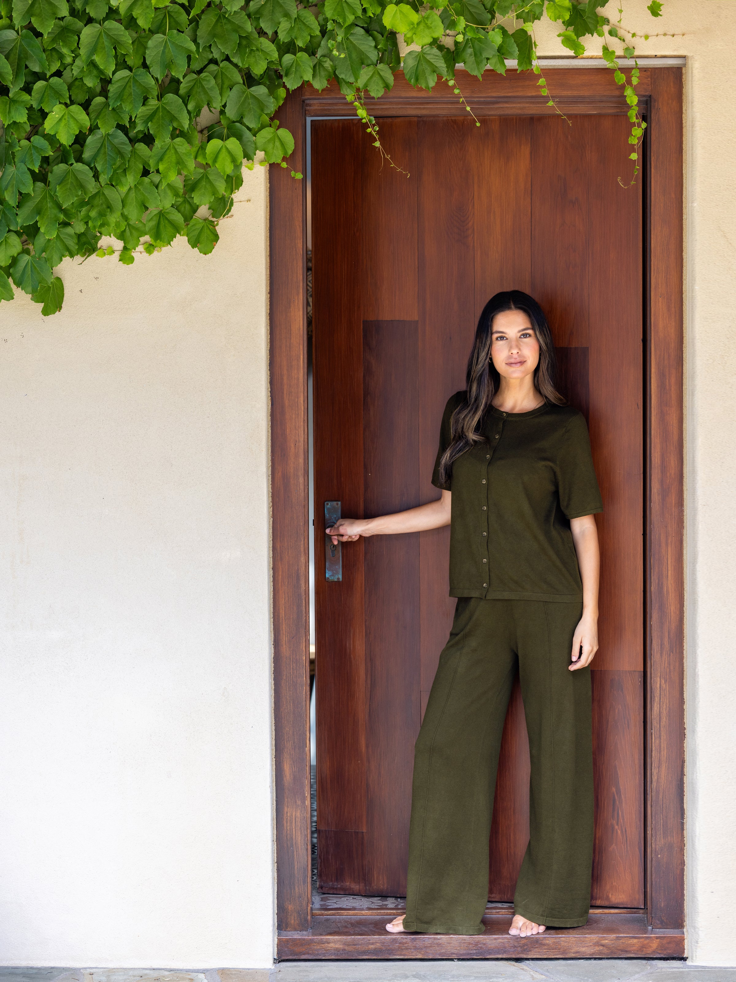 Cotton Cashmere Wide Leg Lounge Pants | Olive-3