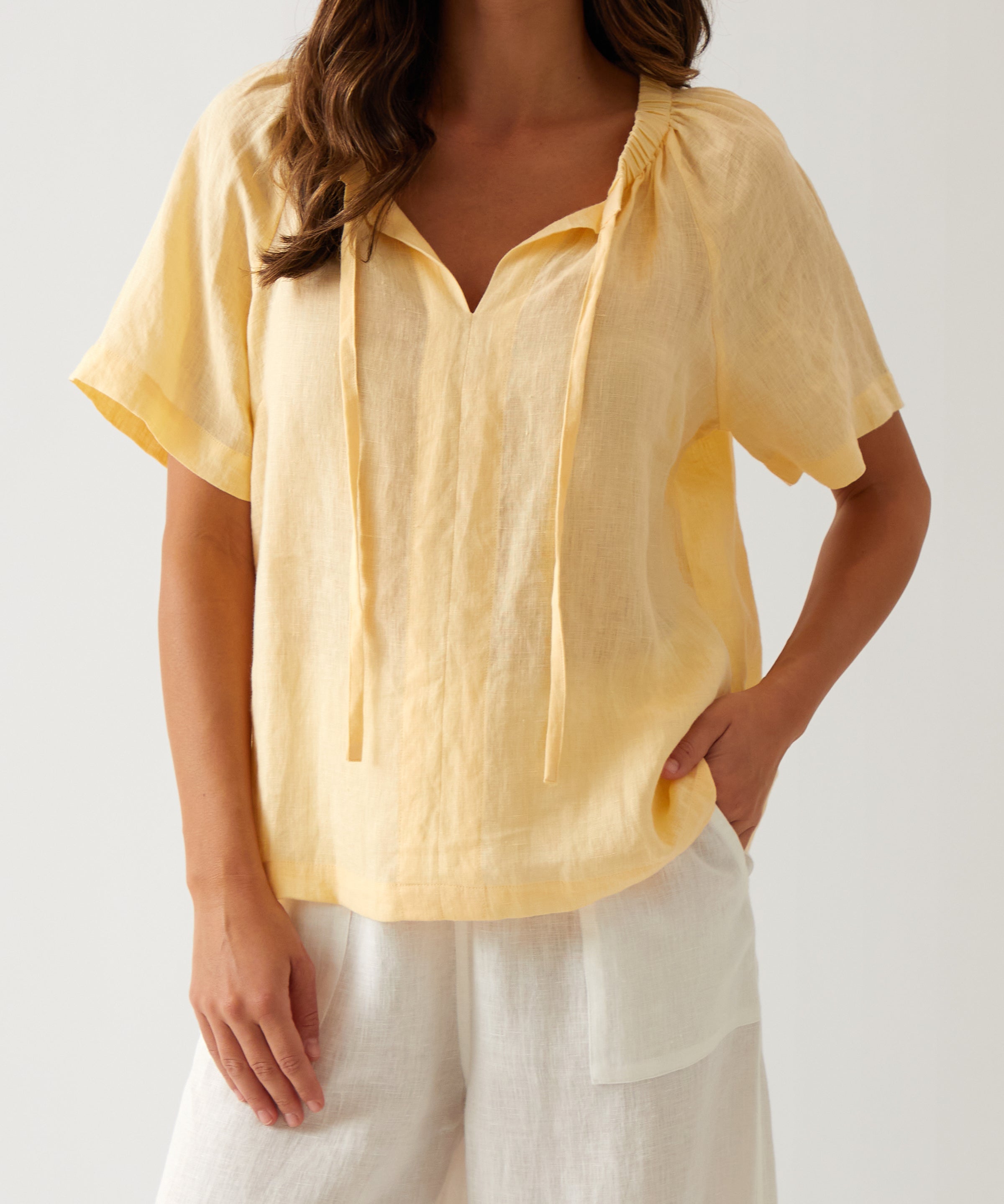 Monaco Linen Gathered Top | Butter-1