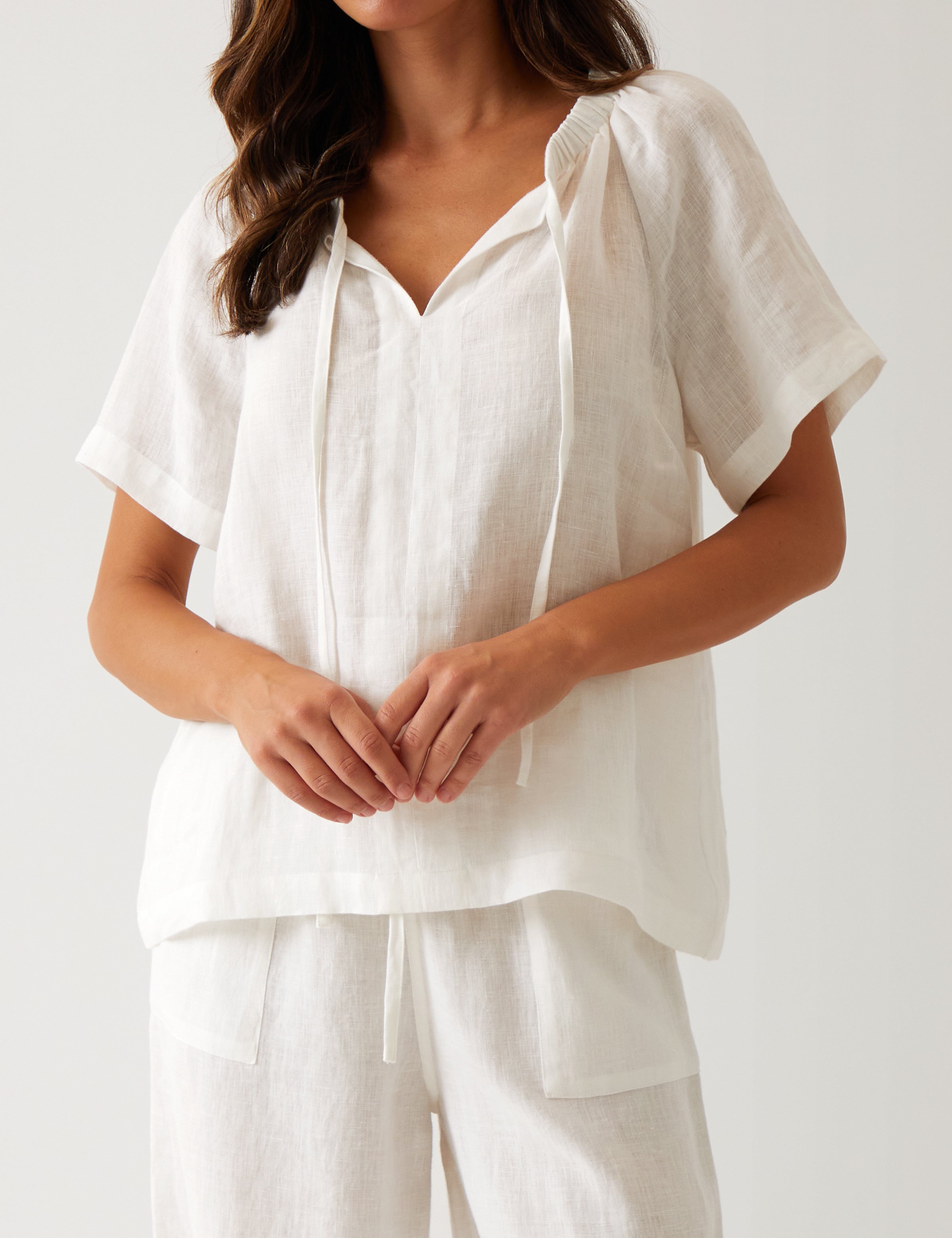 Monaco Linen Gathered Top | White-1