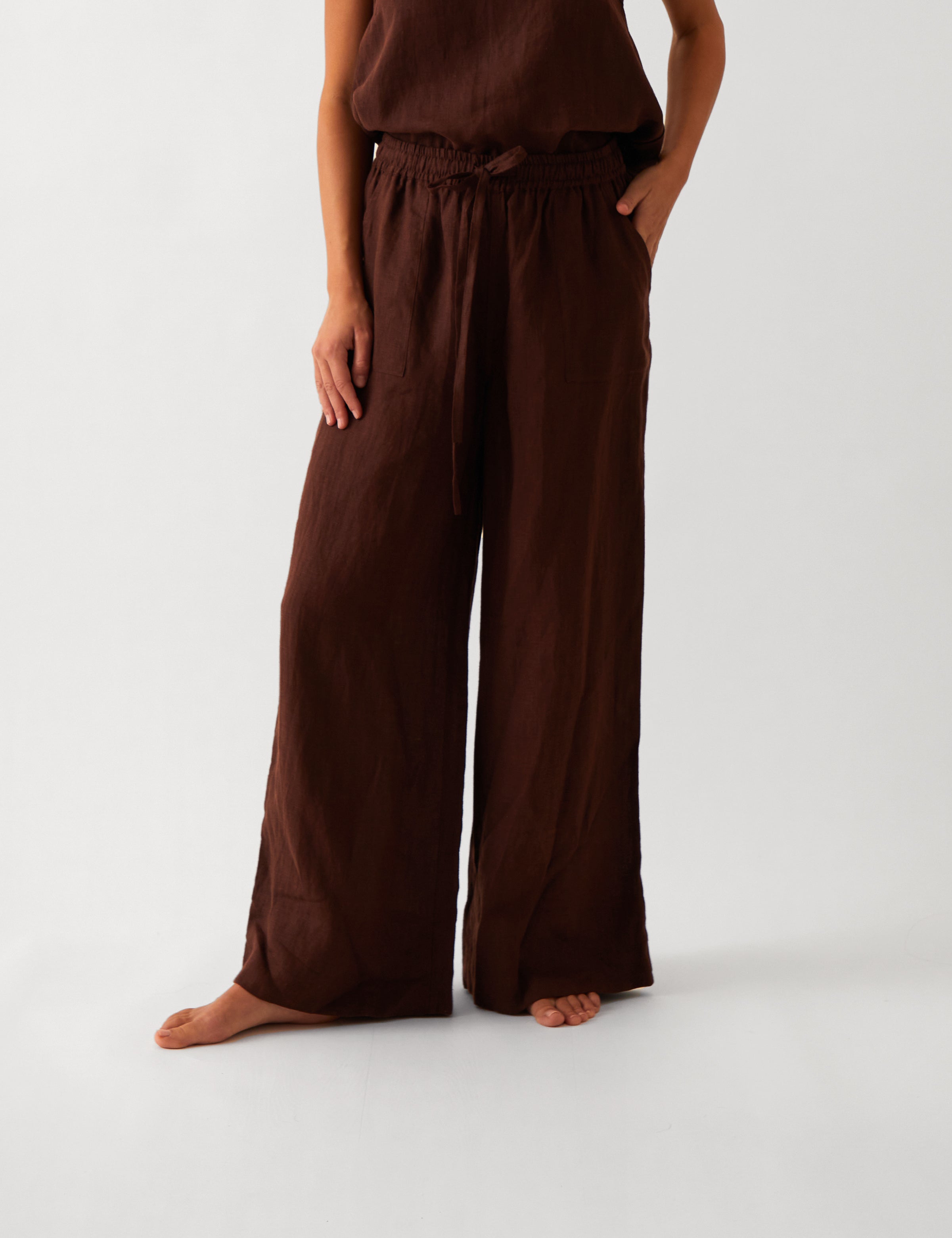 Monaco Linen Wide Leg Pants | Chocolate-1