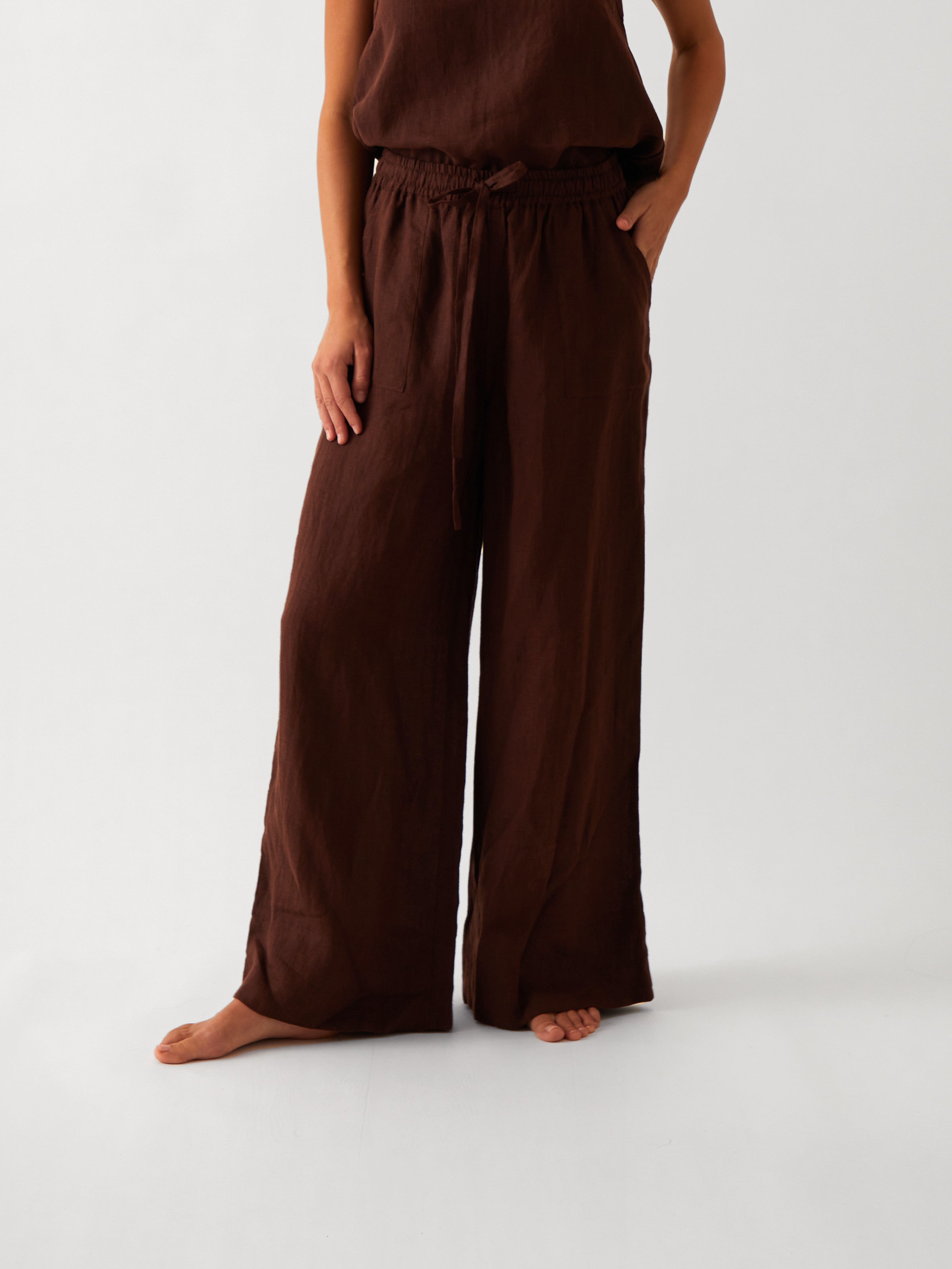 Monaco Linen Wide Leg Pants | Chocolate-1