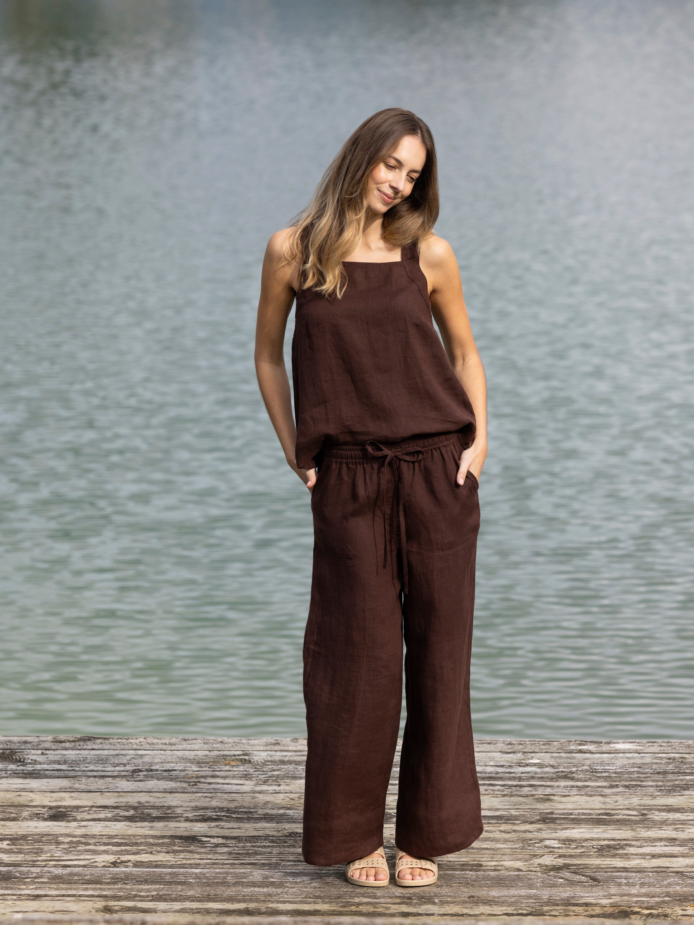 Monaco Linen Wide Leg Pants | Chocolate-3