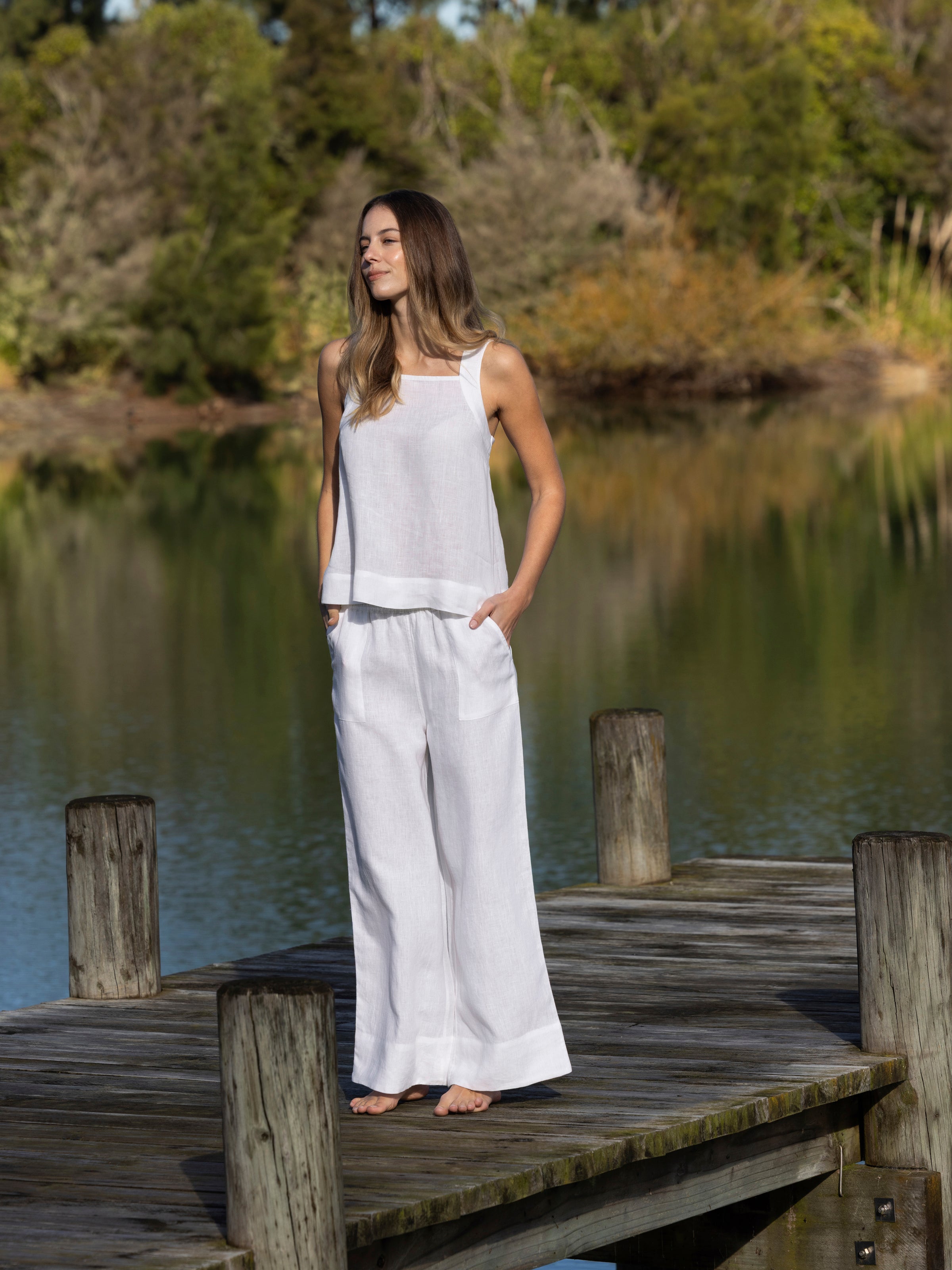 Monaco Linen Wide Leg Pants | White-3