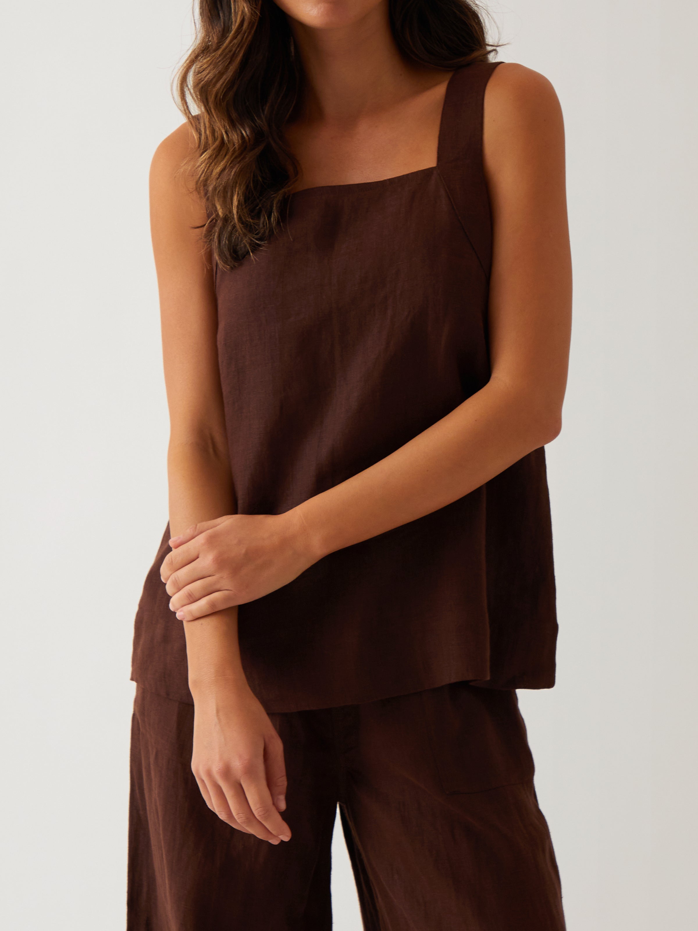 Monaco Linen Wide Strap Top | Chocolate-1