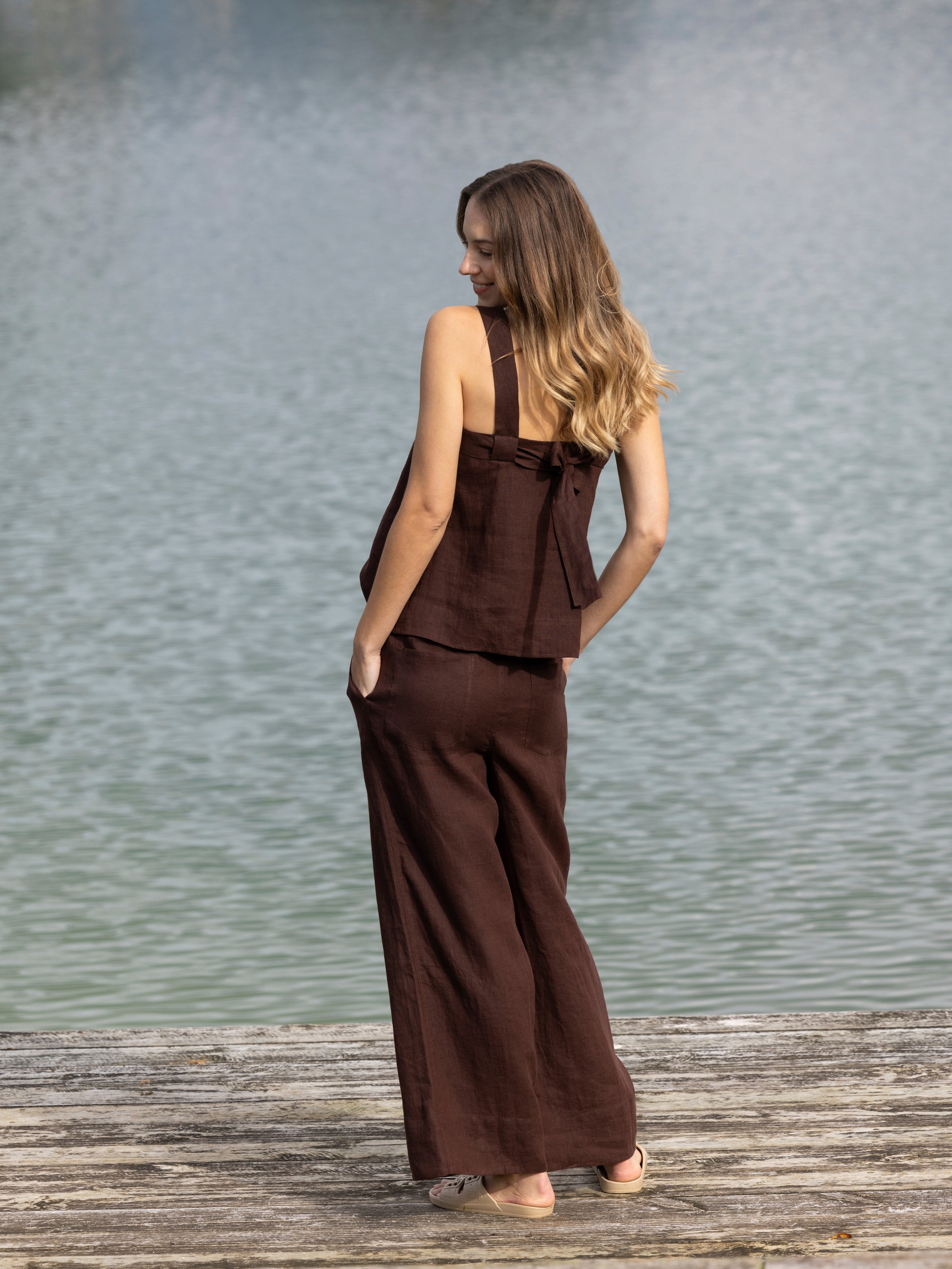 Monaco Linen Wide Strap Top | Chocolate-5