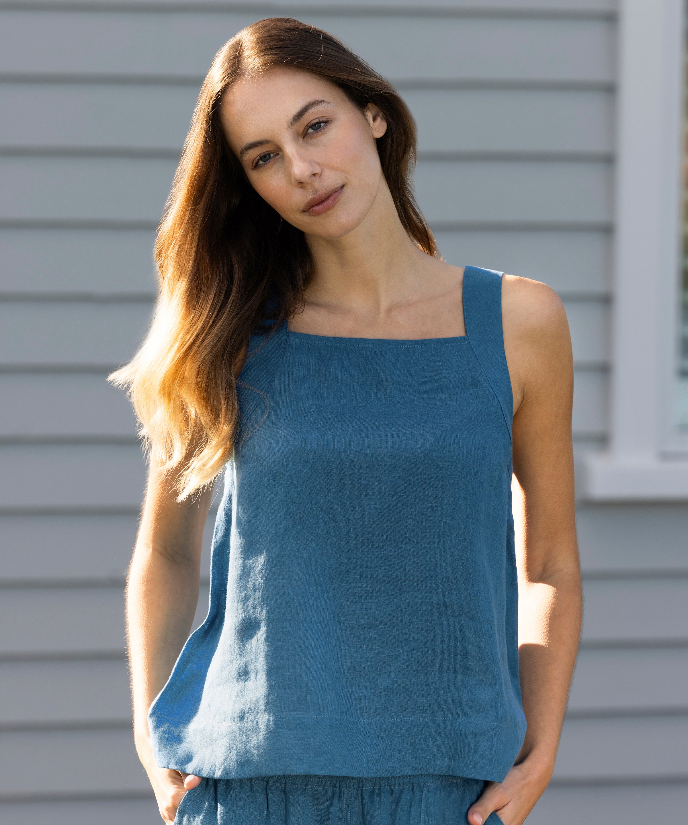 Monaco Linen Wide Strap Top | Ocean-3