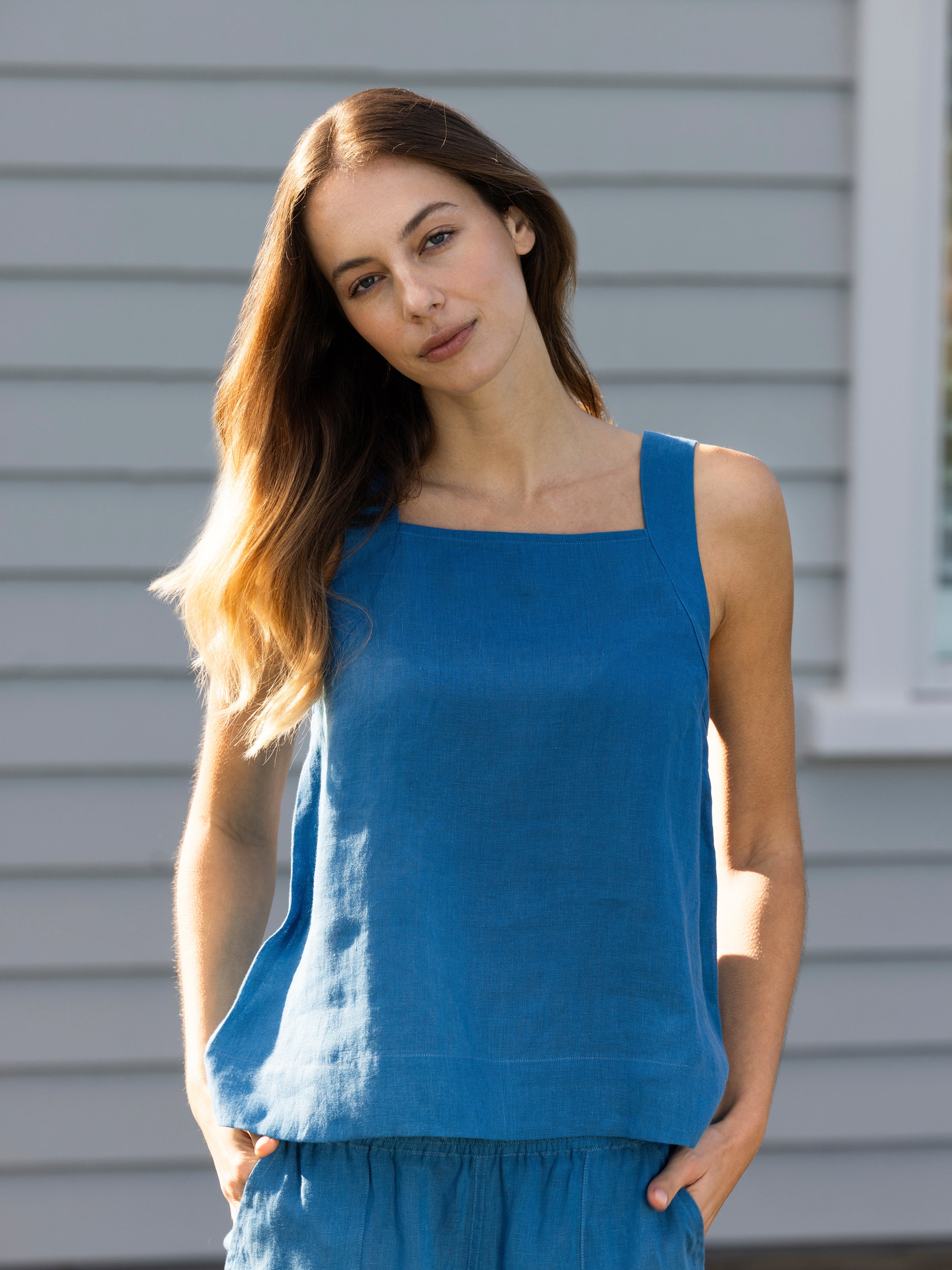 Monaco Linen Wide Strap Top | Ocean-3
