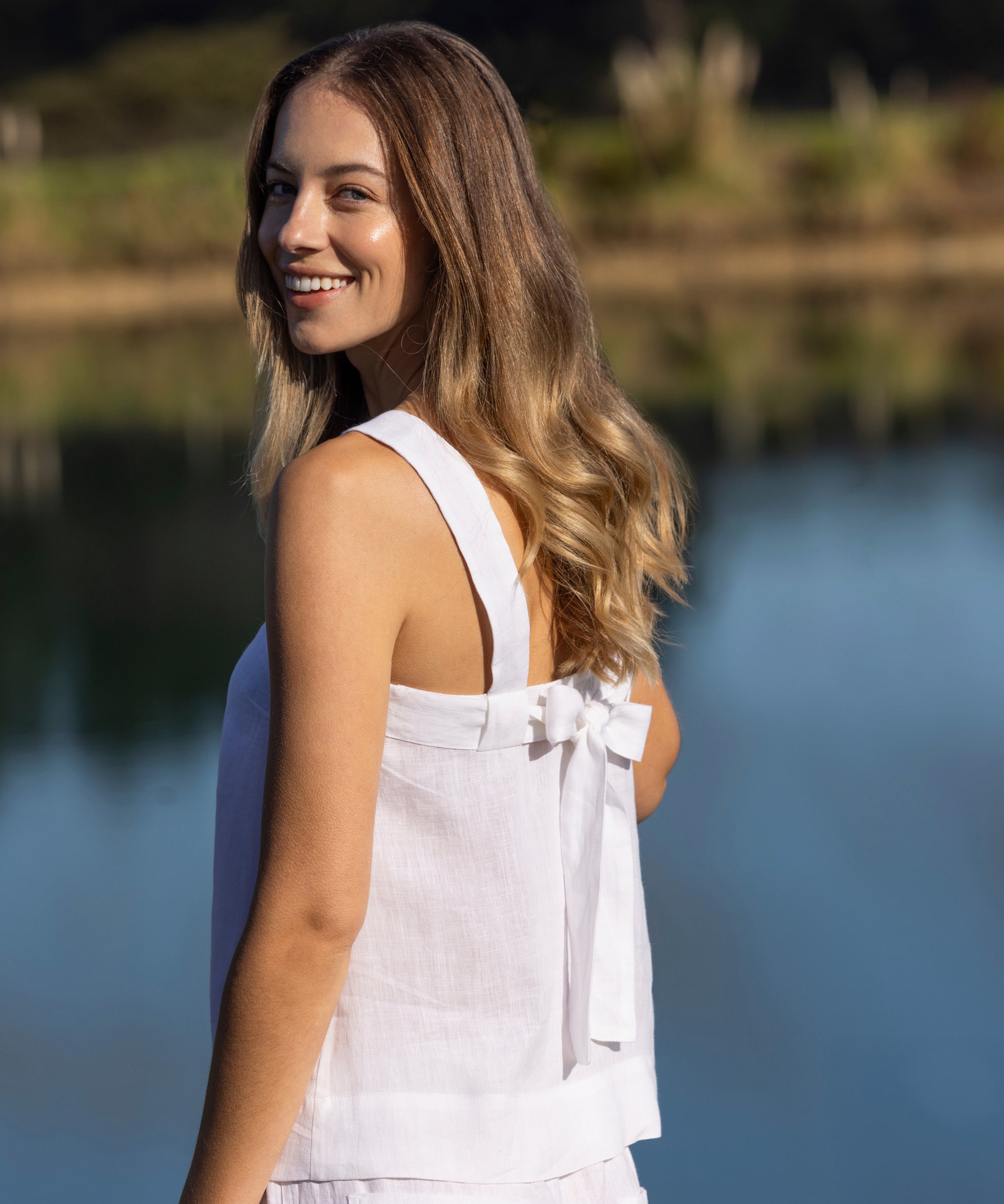 Monaco Linen Wide Strap Top | White-5