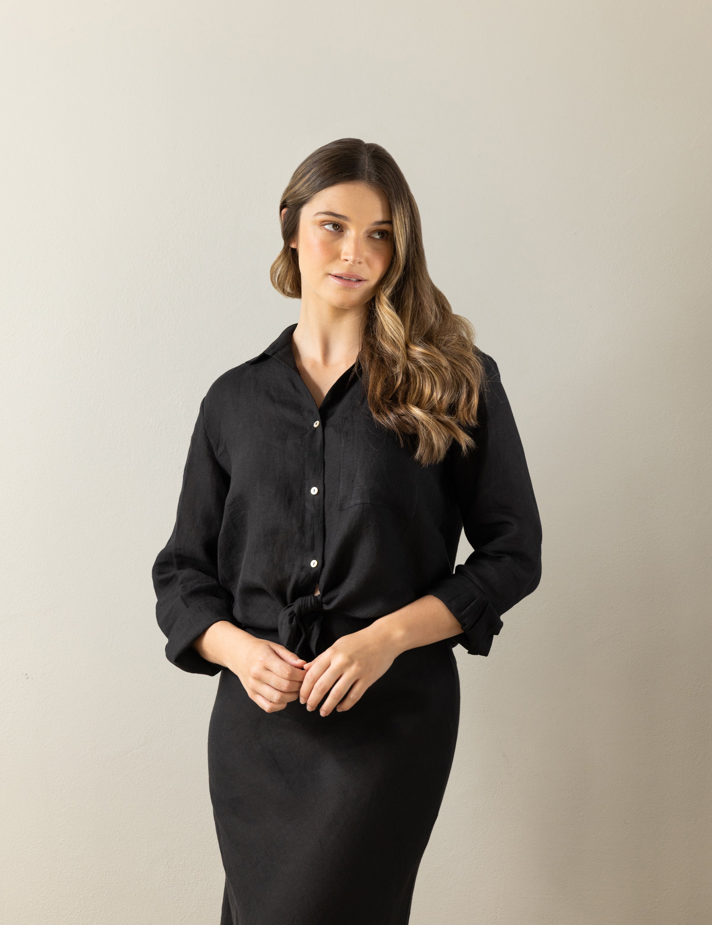 Mykonos Linen Long Sleeve Shirt | Black-3