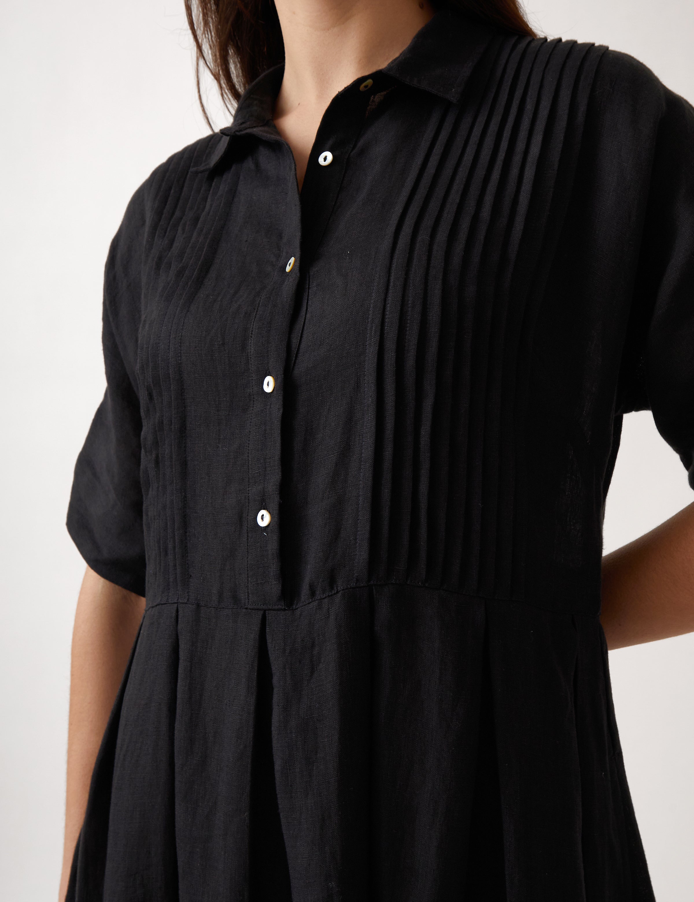 Mykonos Linen Pintuck Shirt Dress | Black-2