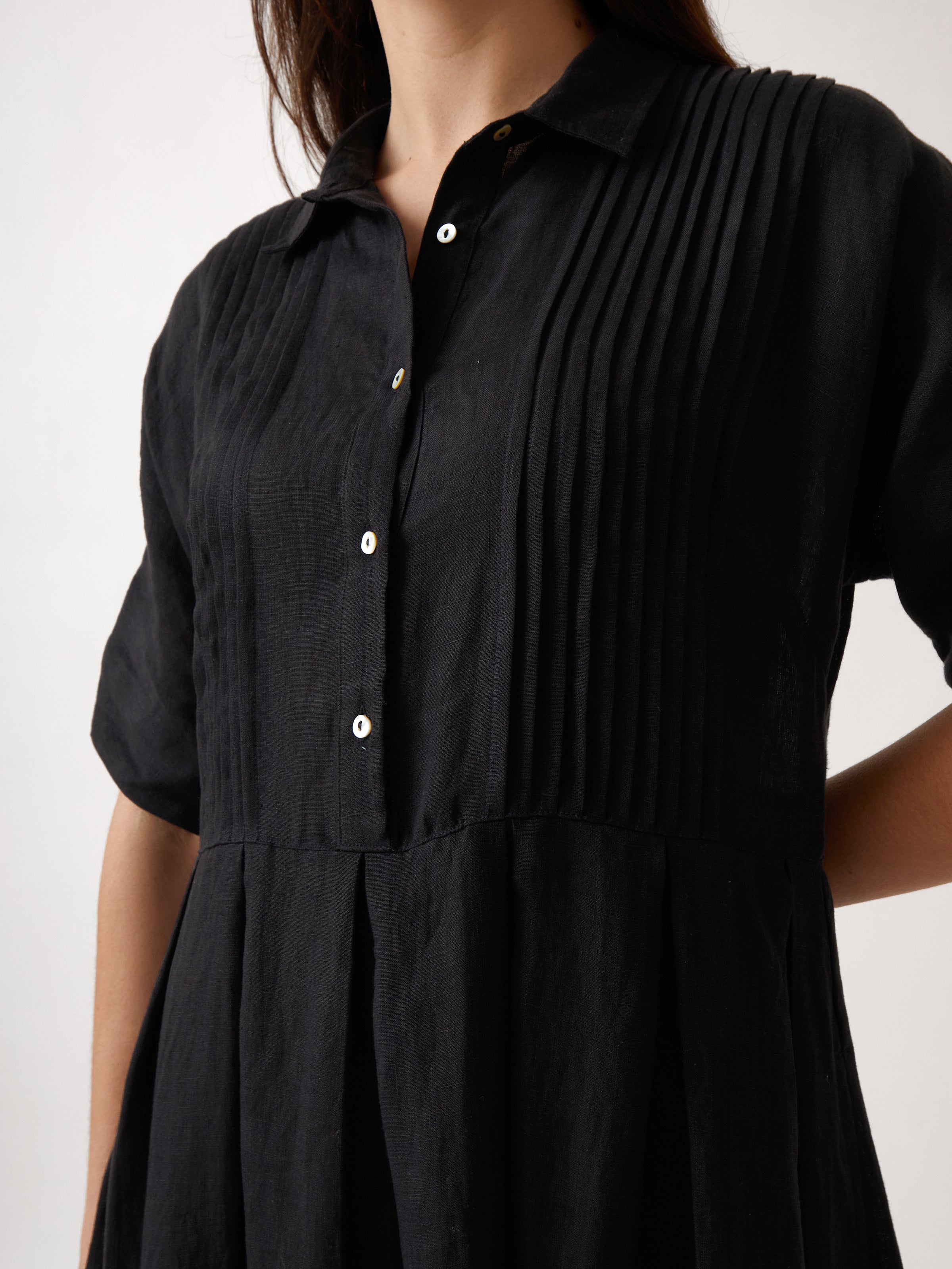 Mykonos Linen Pintuck Shirt Dress | Black-2