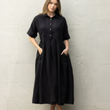 Mykonos Linen Pintuck Shirt Dress | Black-3