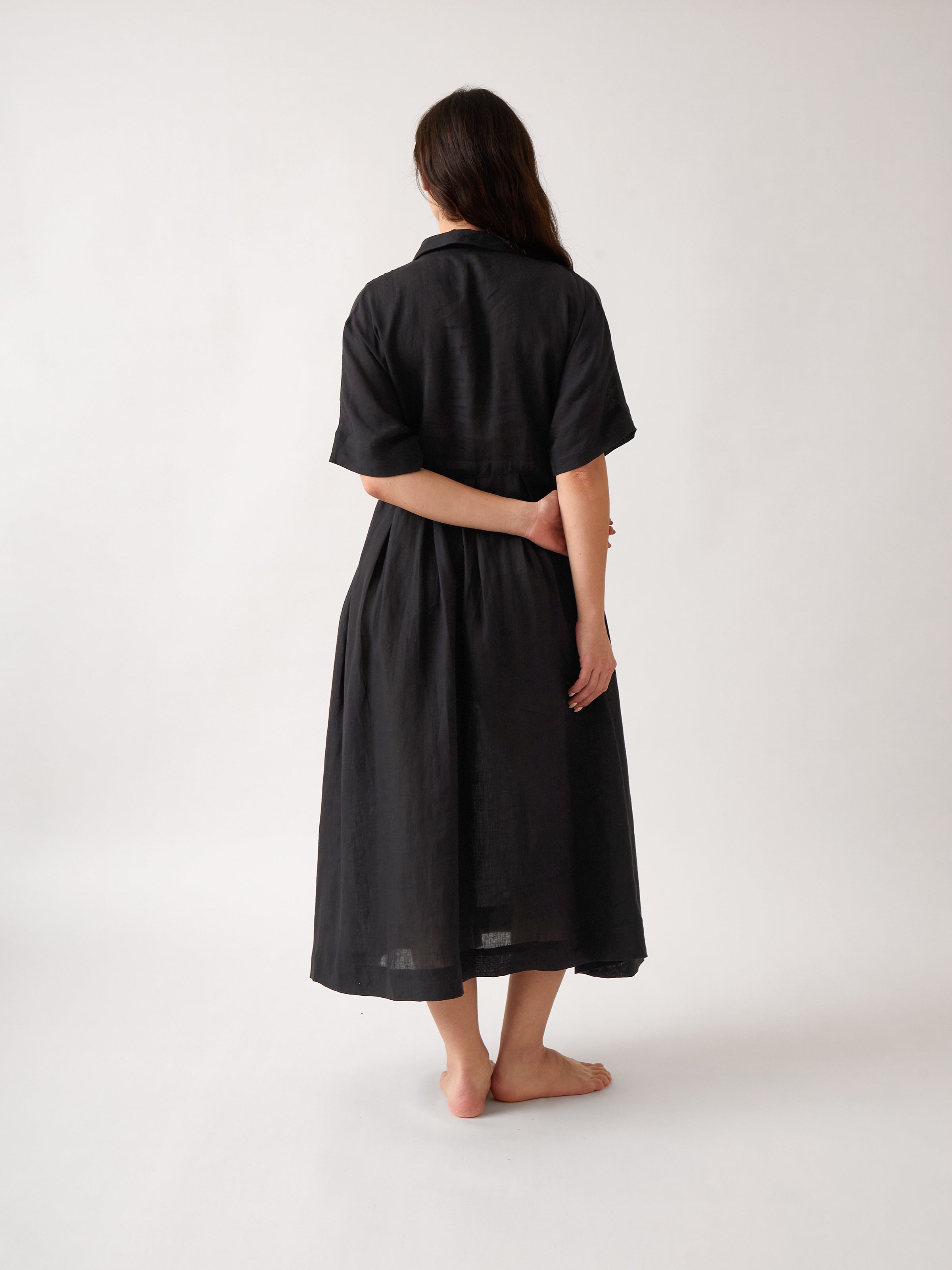 Mykonos Linen Pintuck Shirt Dress | Black-4