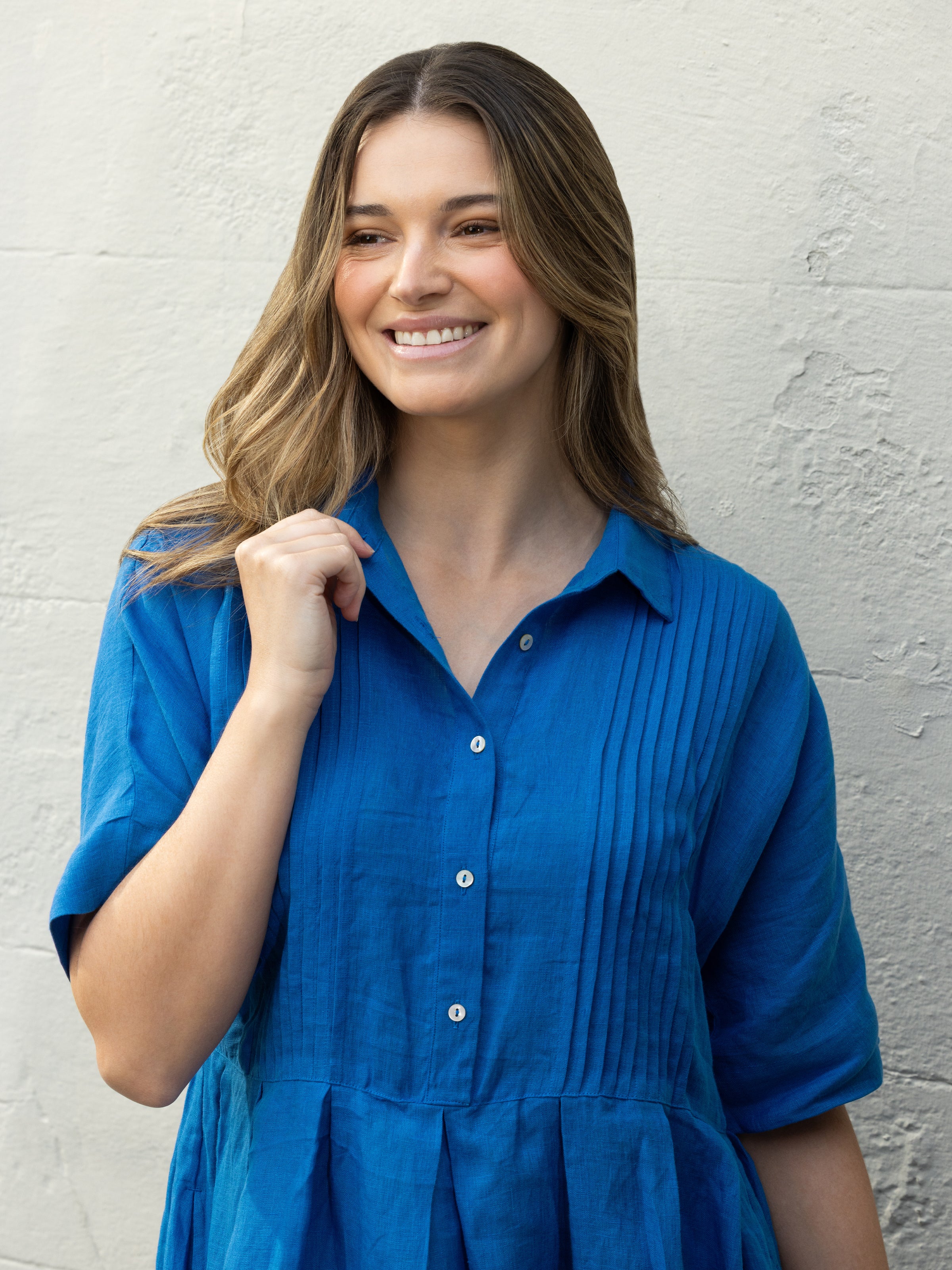 Mykonos Linen Pintuck Shirt Dress | Topaz-5