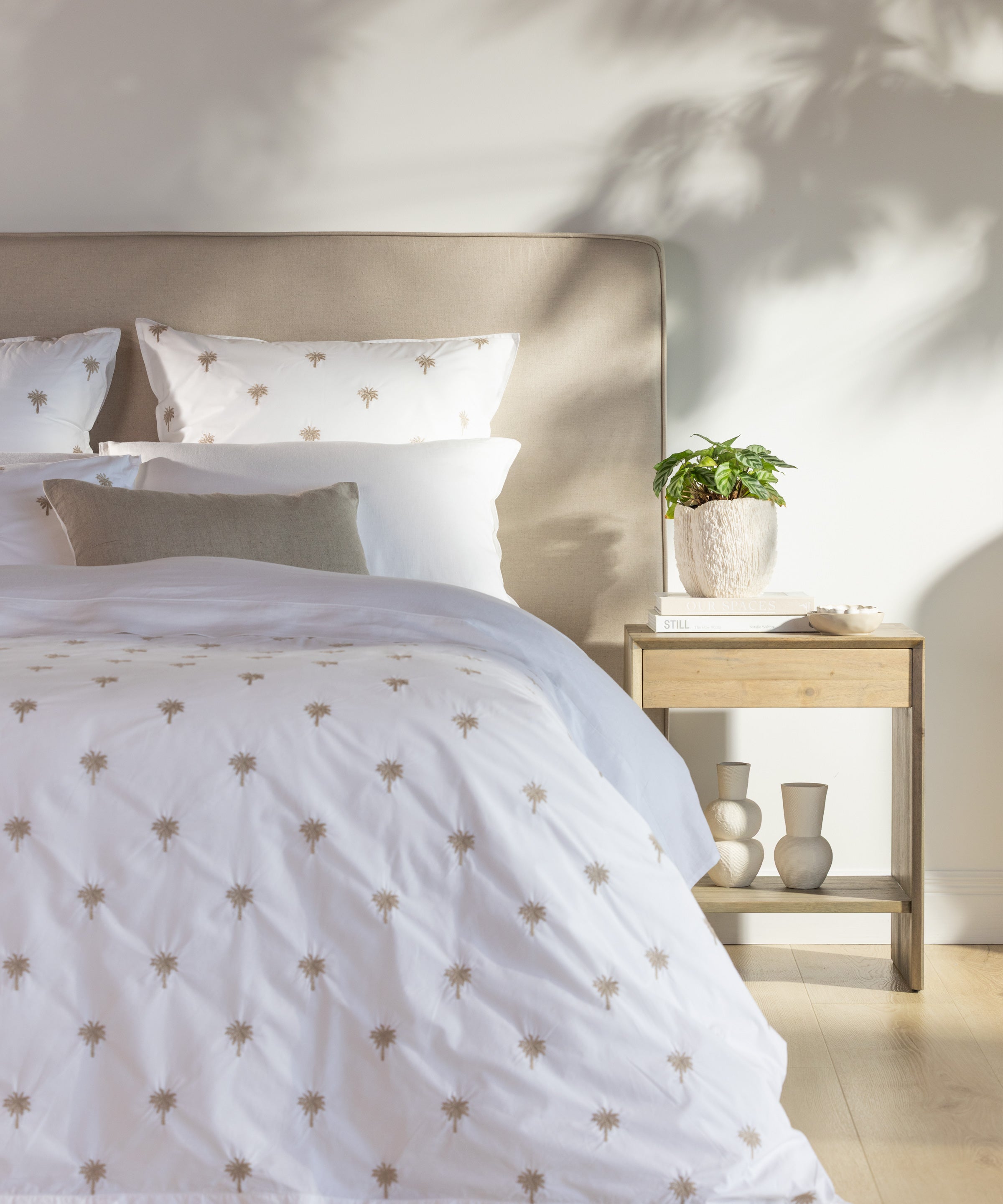 Palm Island Embroidered European Pillowcase | Taupe White-2