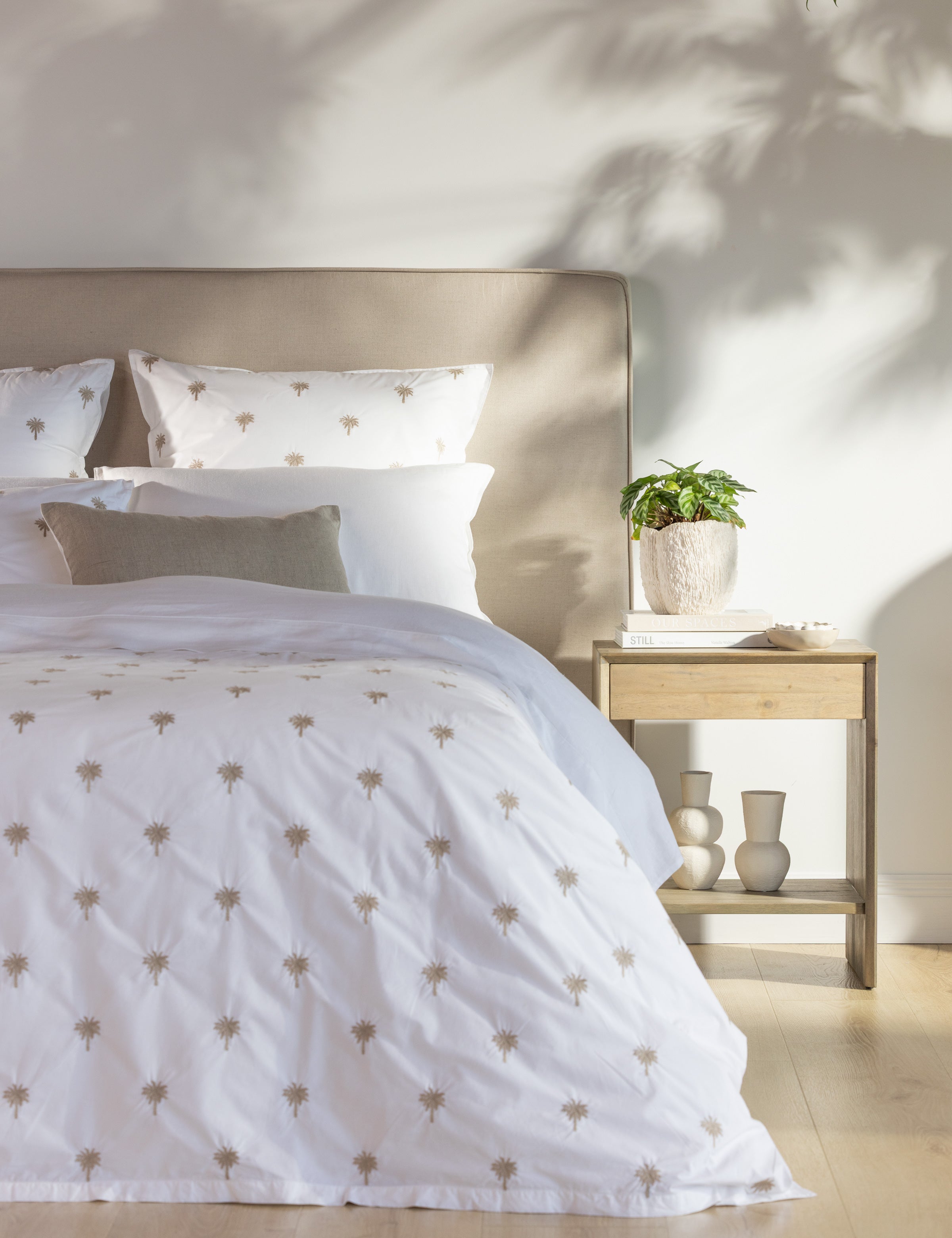 Palm Island Embroidered European Pillowcase | Taupe White-2