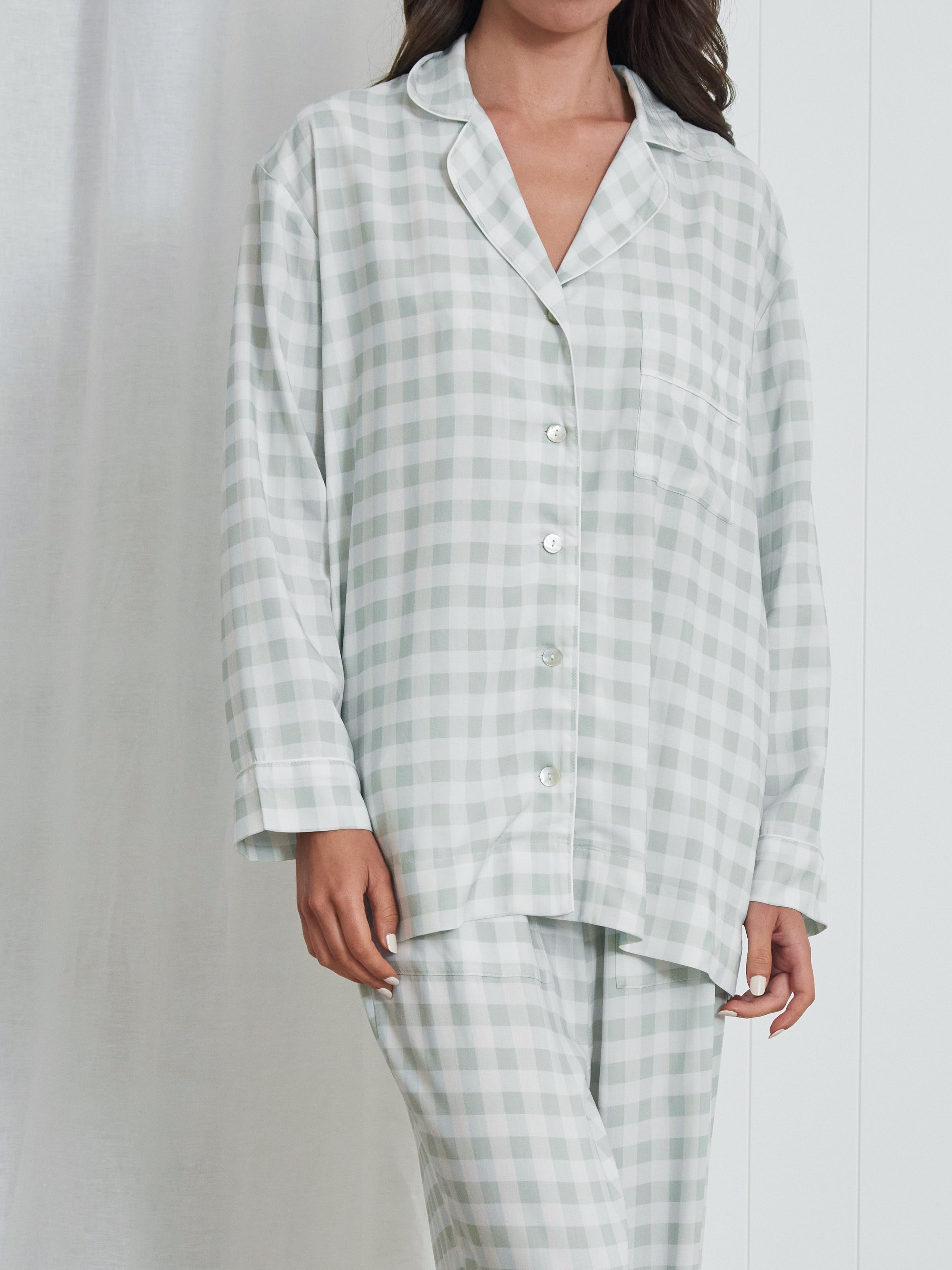 Quinn Long Sleeve PJ Shirt | Green Gingham-3