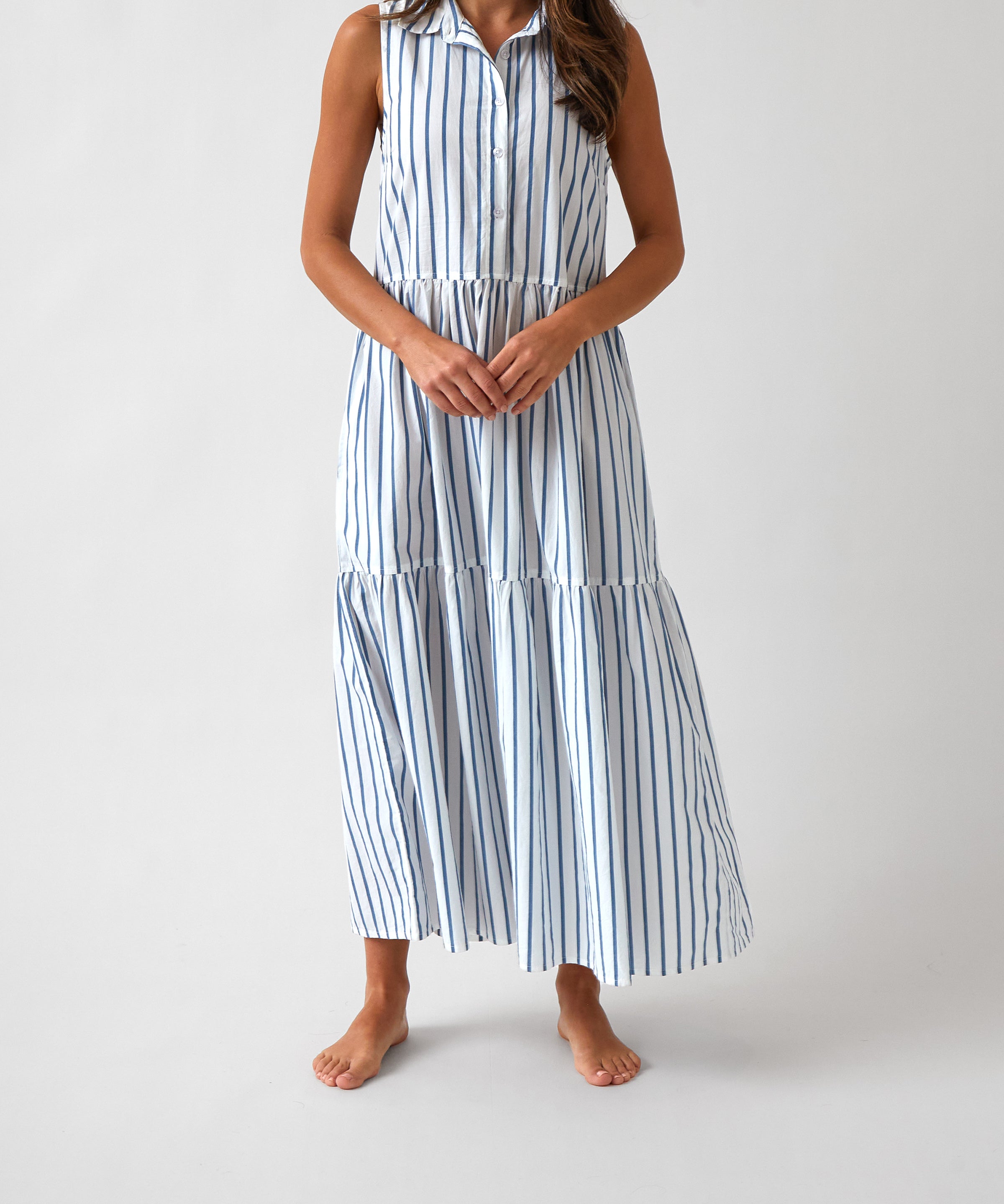 Rhodes Poplin Tier Dress | Blue Stripe-1