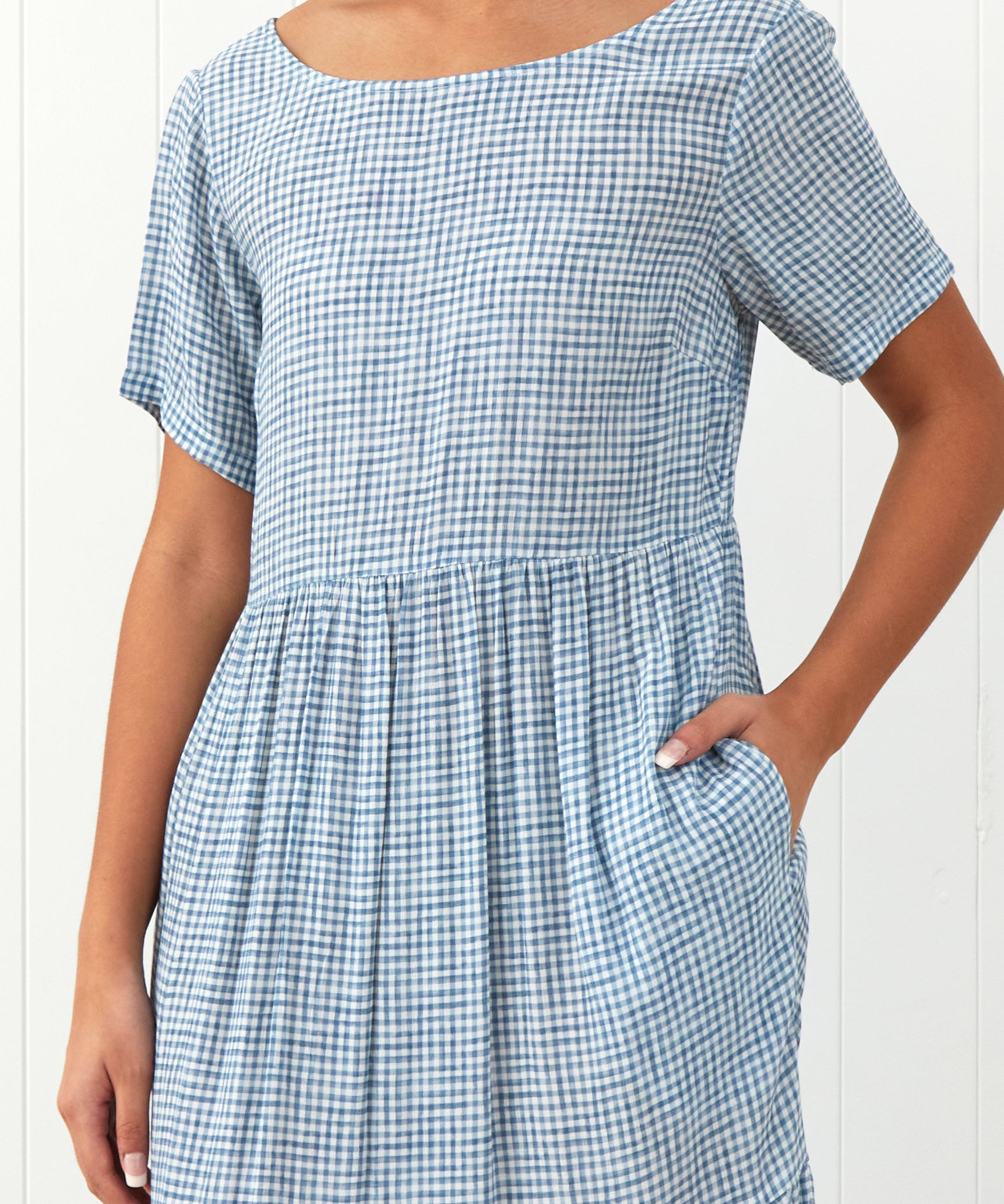Riviera Rayon Tier Dress | Blue Gingham-3