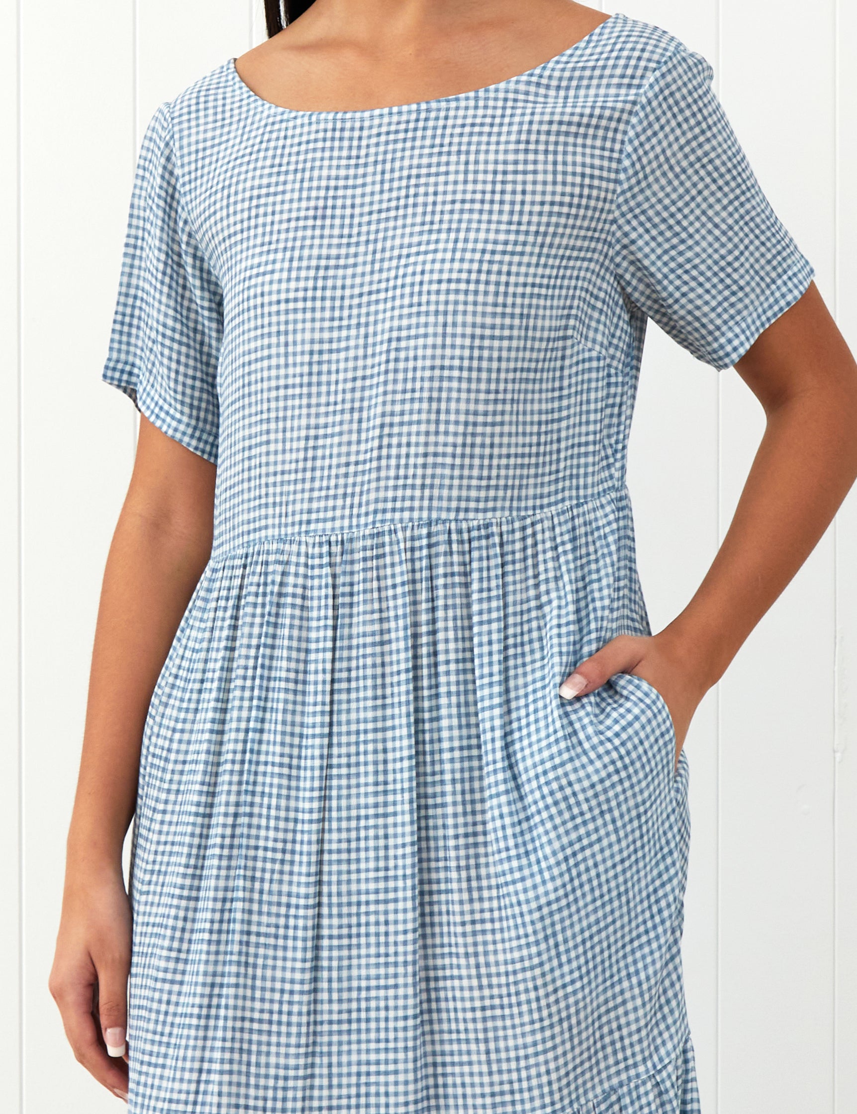Riviera Rayon Tier Dress | Blue Gingham-3