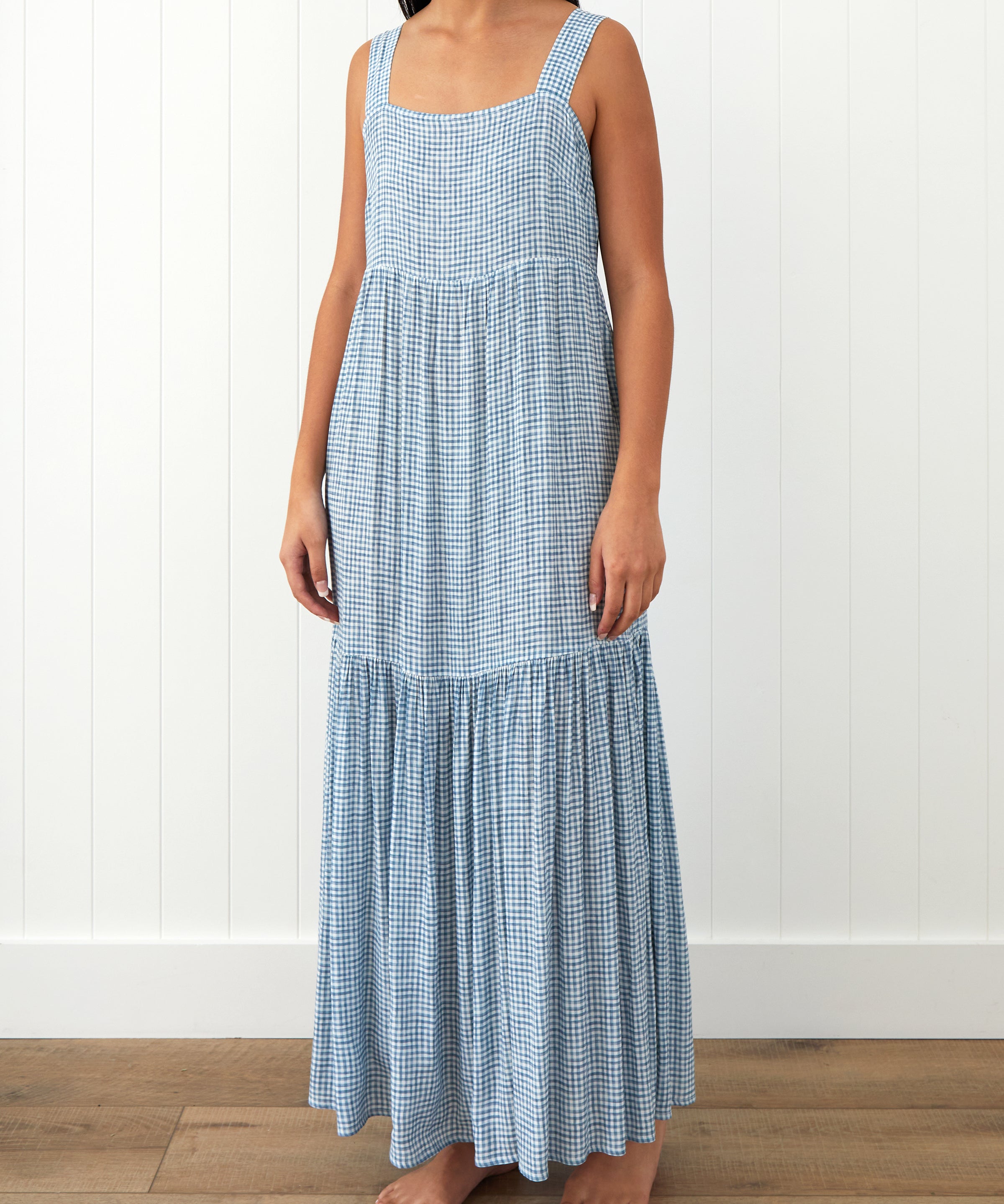 Riviera Wide Strap Rayon Dress | Blue Gingham-1
