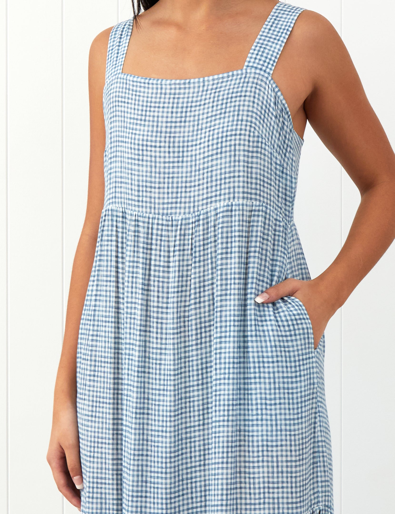 Riviera Wide Strap Rayon Dress | Blue Gingham-3