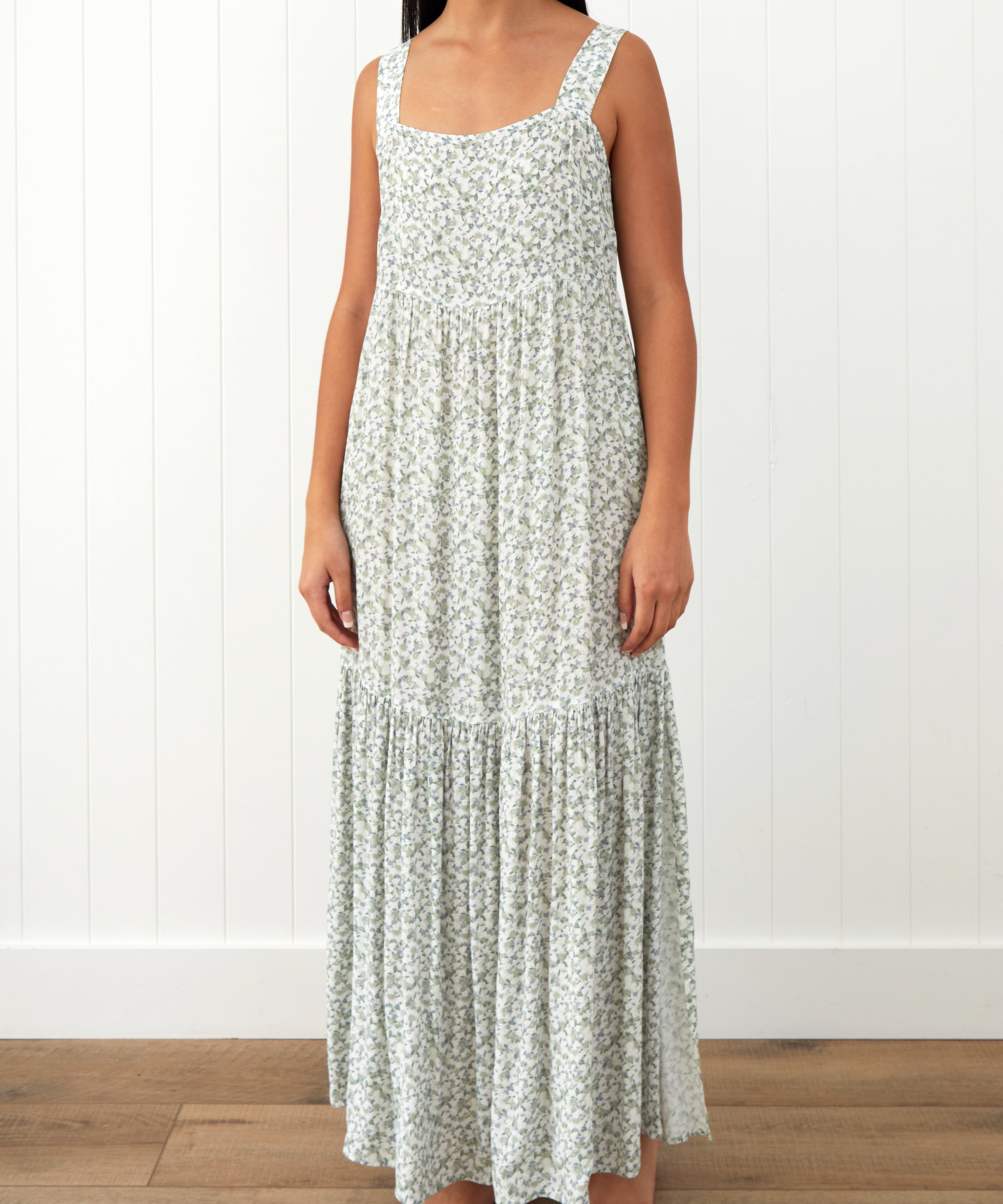 Riviera Wide Strap Rayon Dress | Green Floral-1