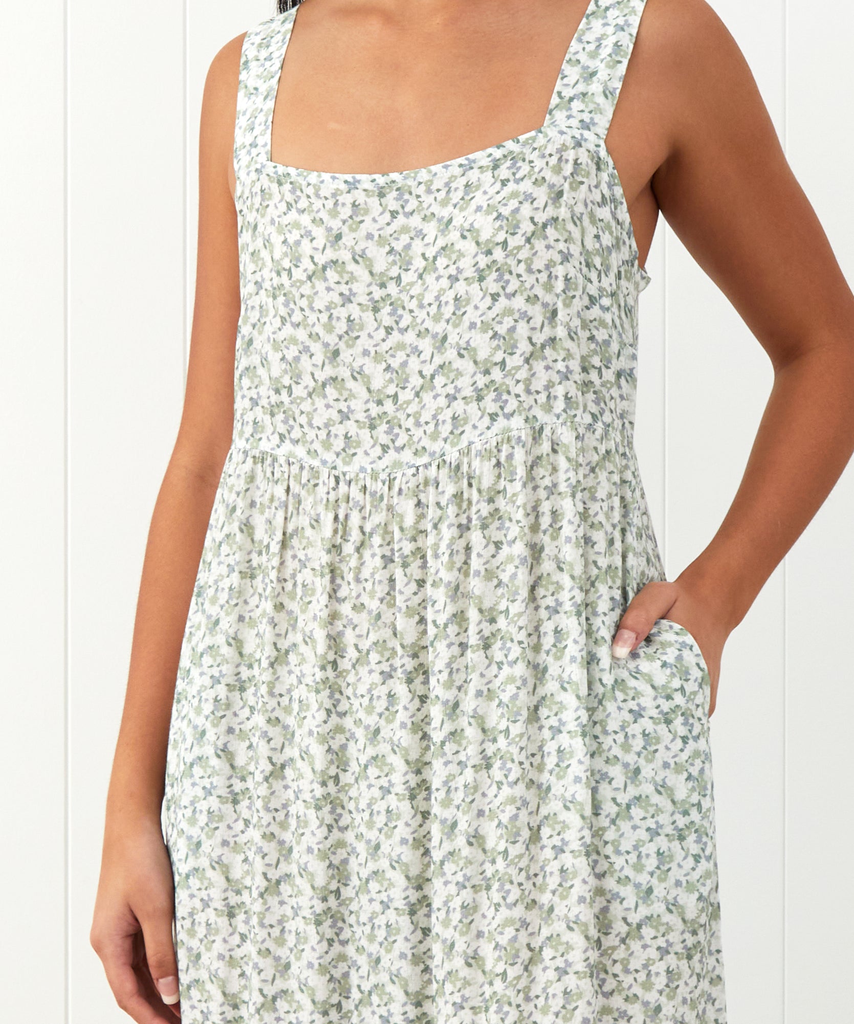Riviera Wide Strap Rayon Dress | Green Floral-3