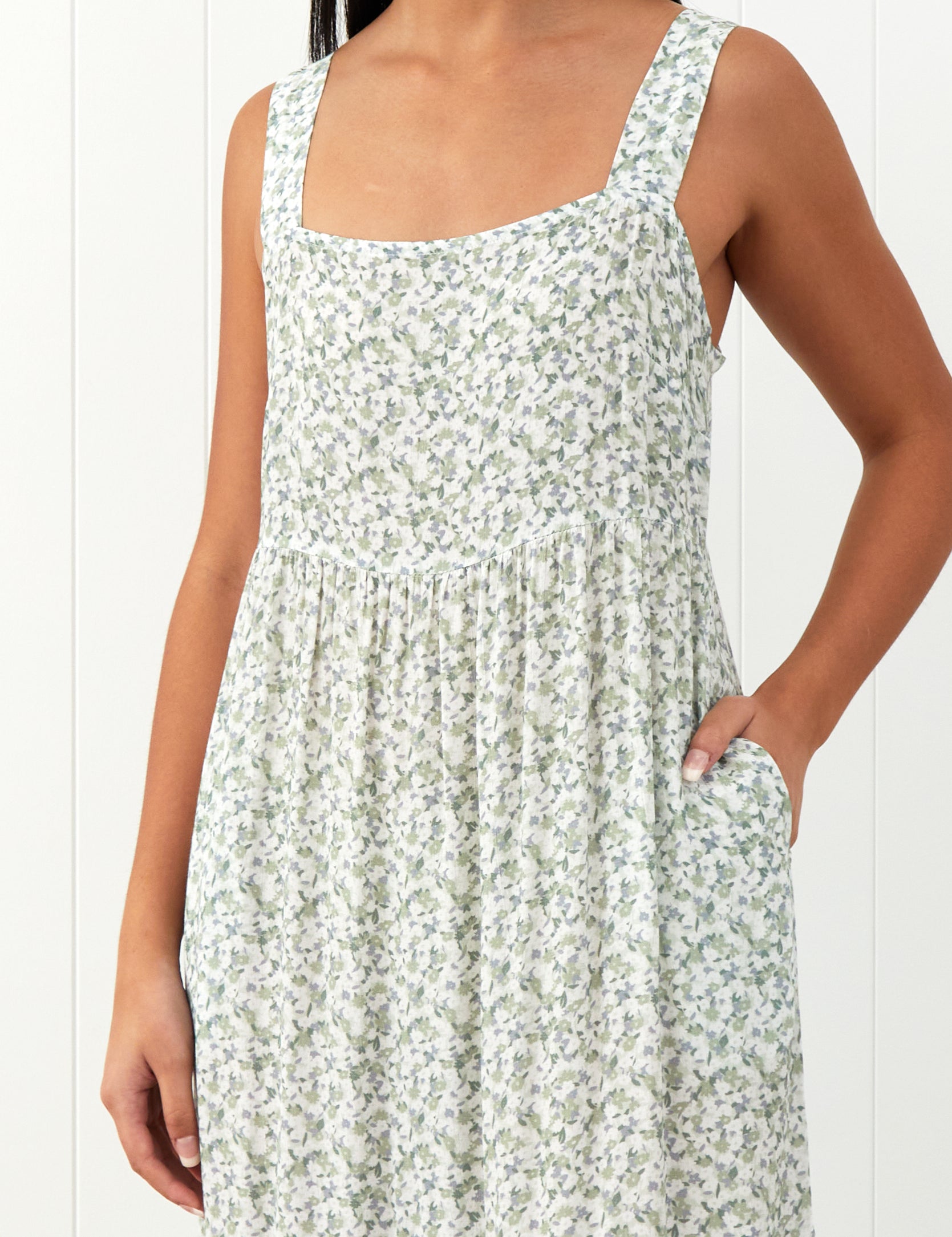 Riviera Wide Strap Rayon Dress | Green Floral-3