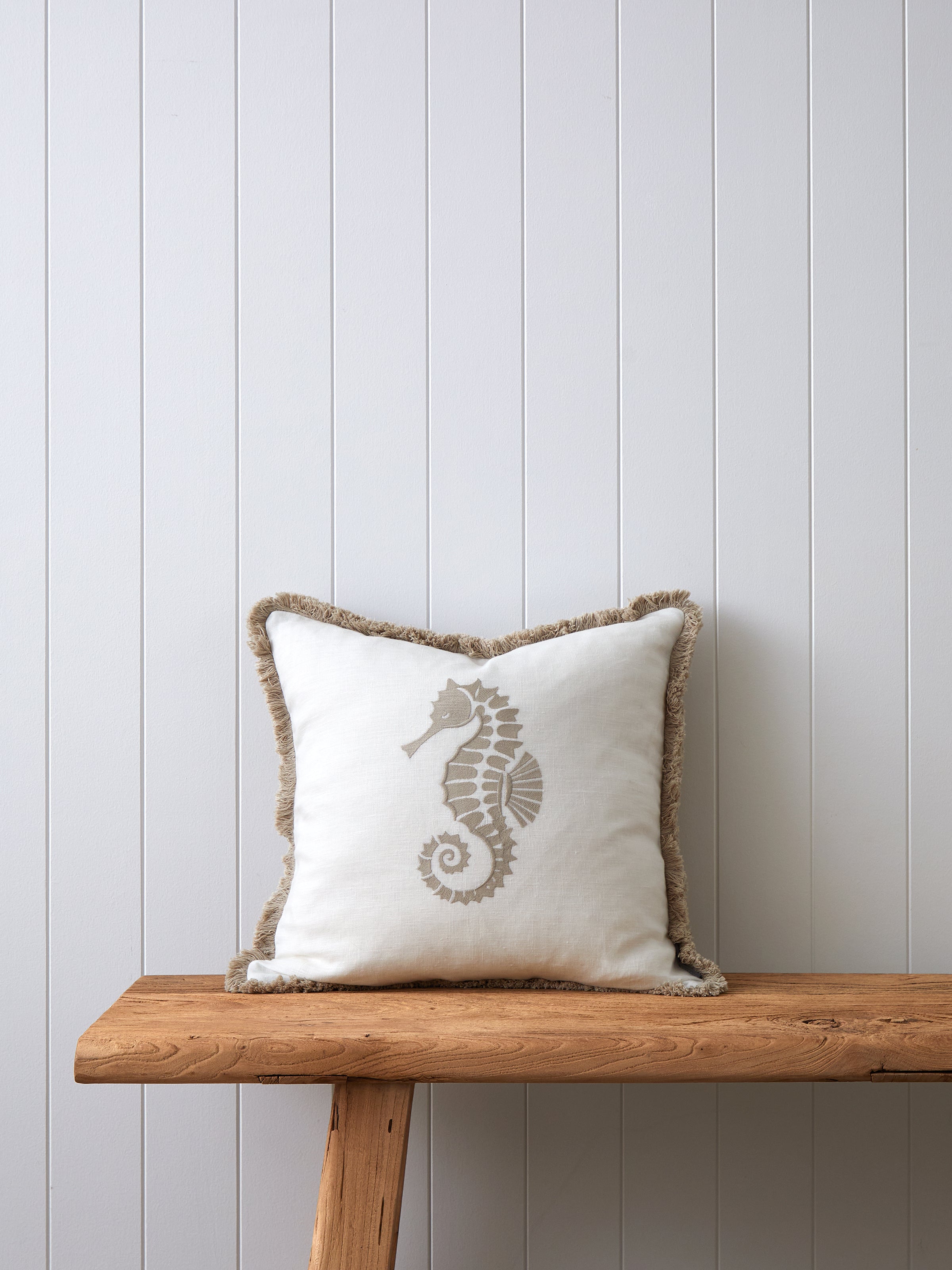 Seahorse Embroidered Square Cushion Cover | Natural White-1