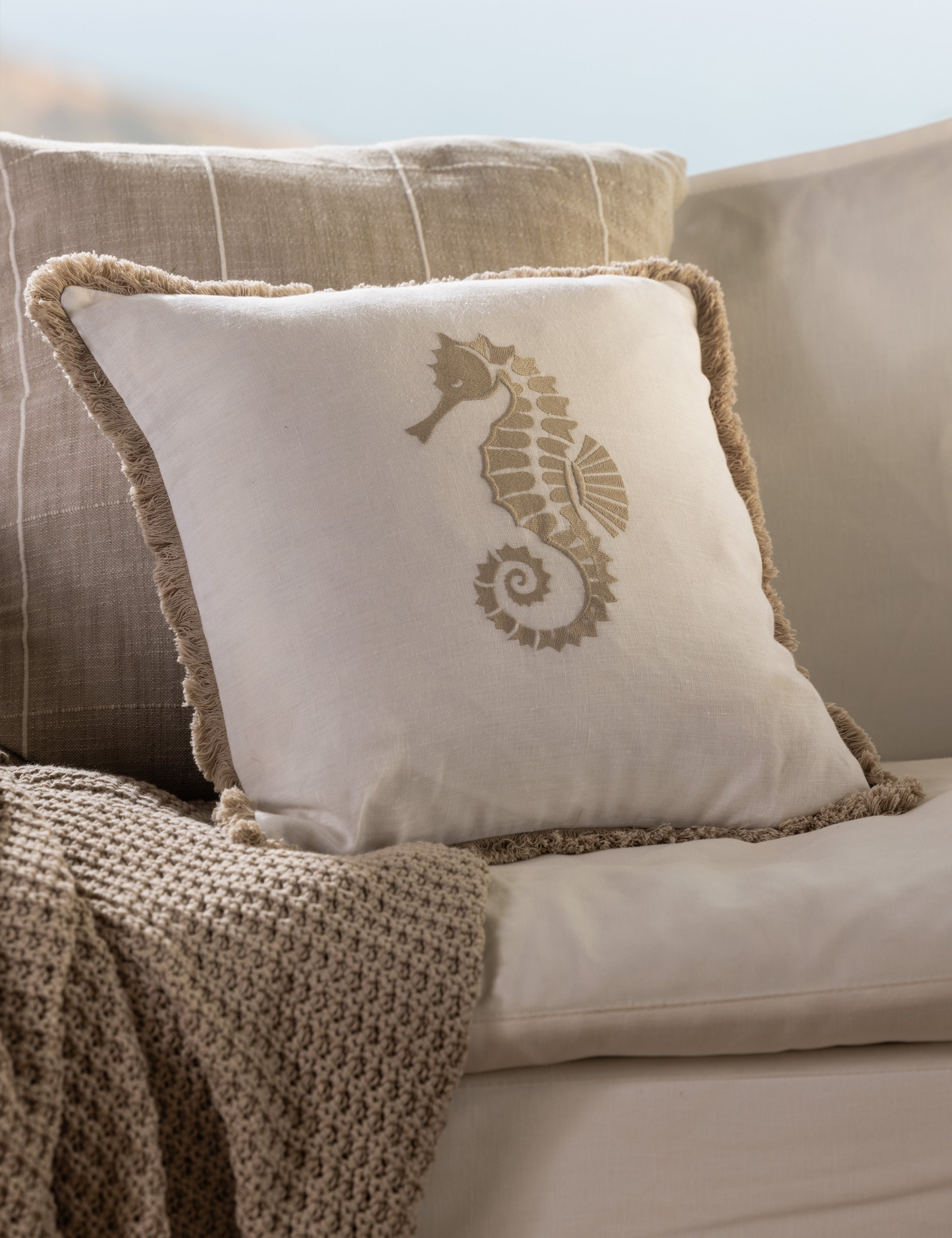 Seahorse Embroidered Square Cushion Cover | Natural White-2