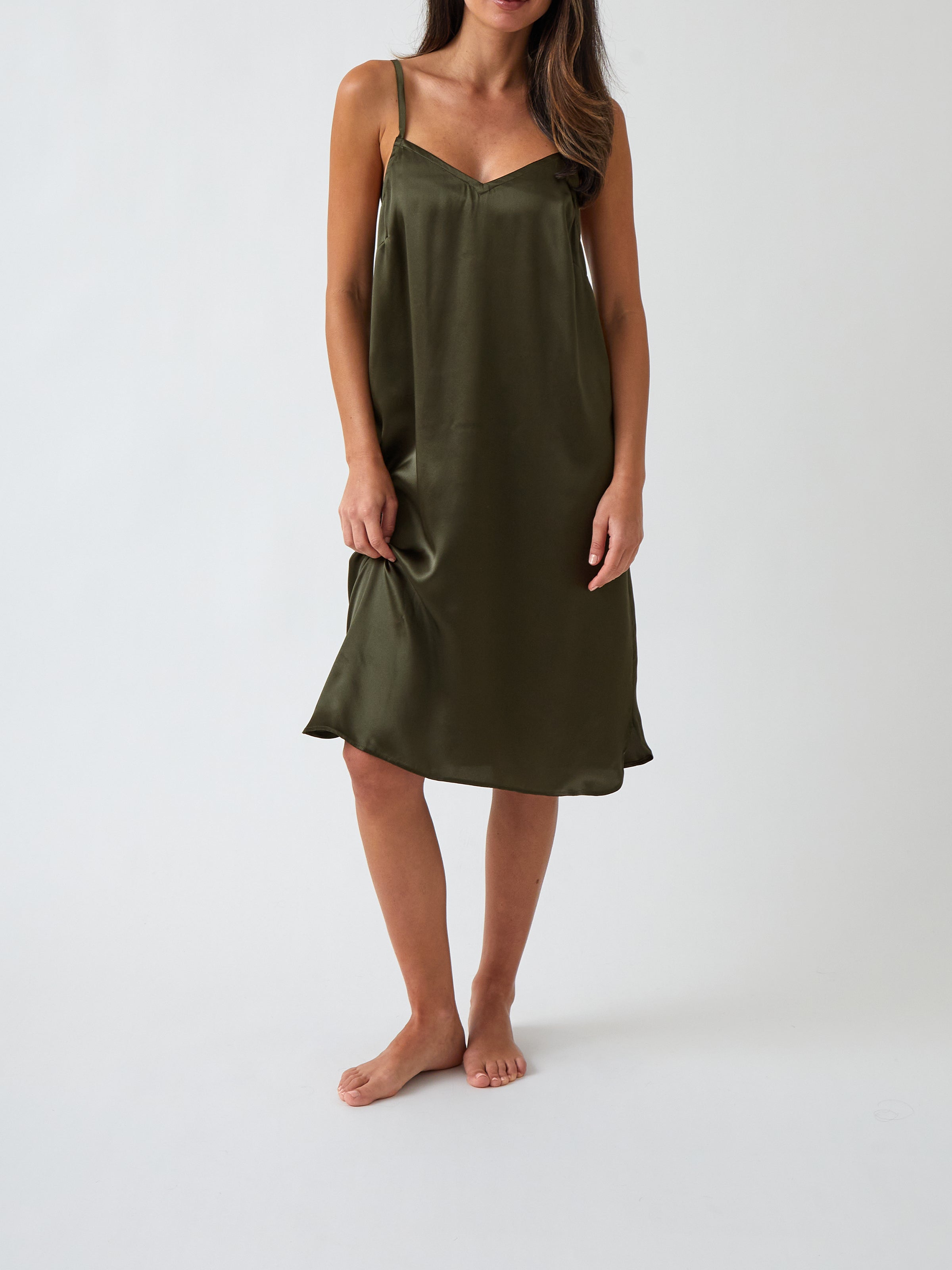 Silk Midi Nightie | Olive-1