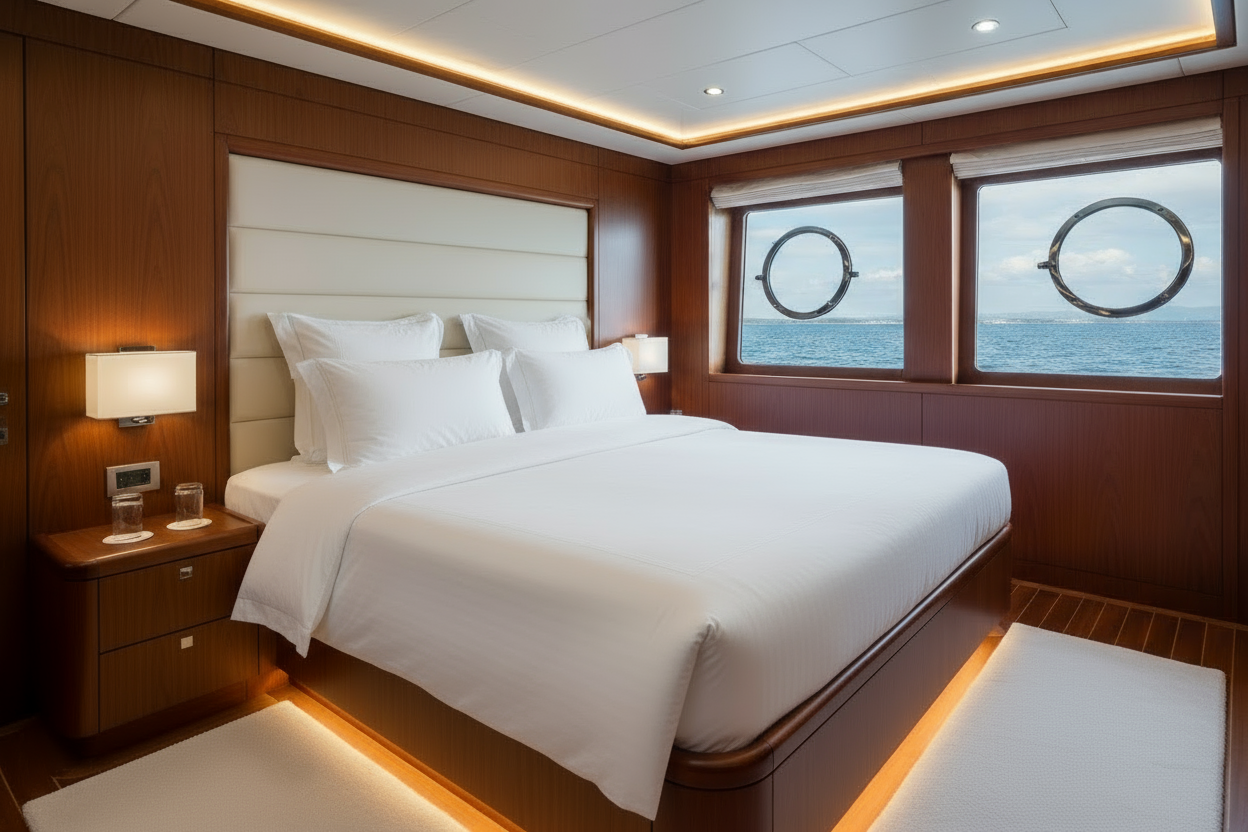 Luxury bedroom on a yacht with large windows showing the ocean.