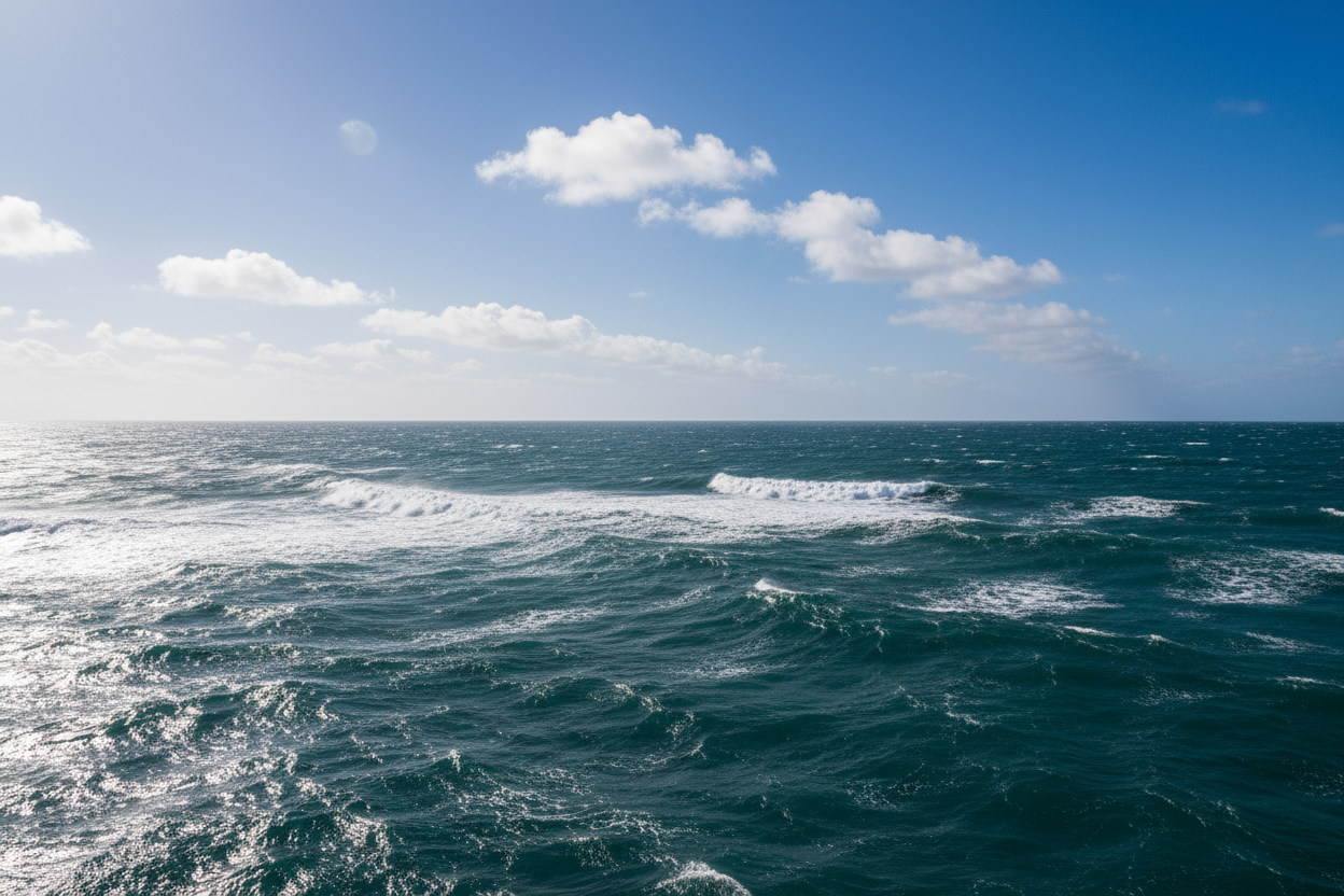The ocean, with no land, slightly rough, but with blue skies