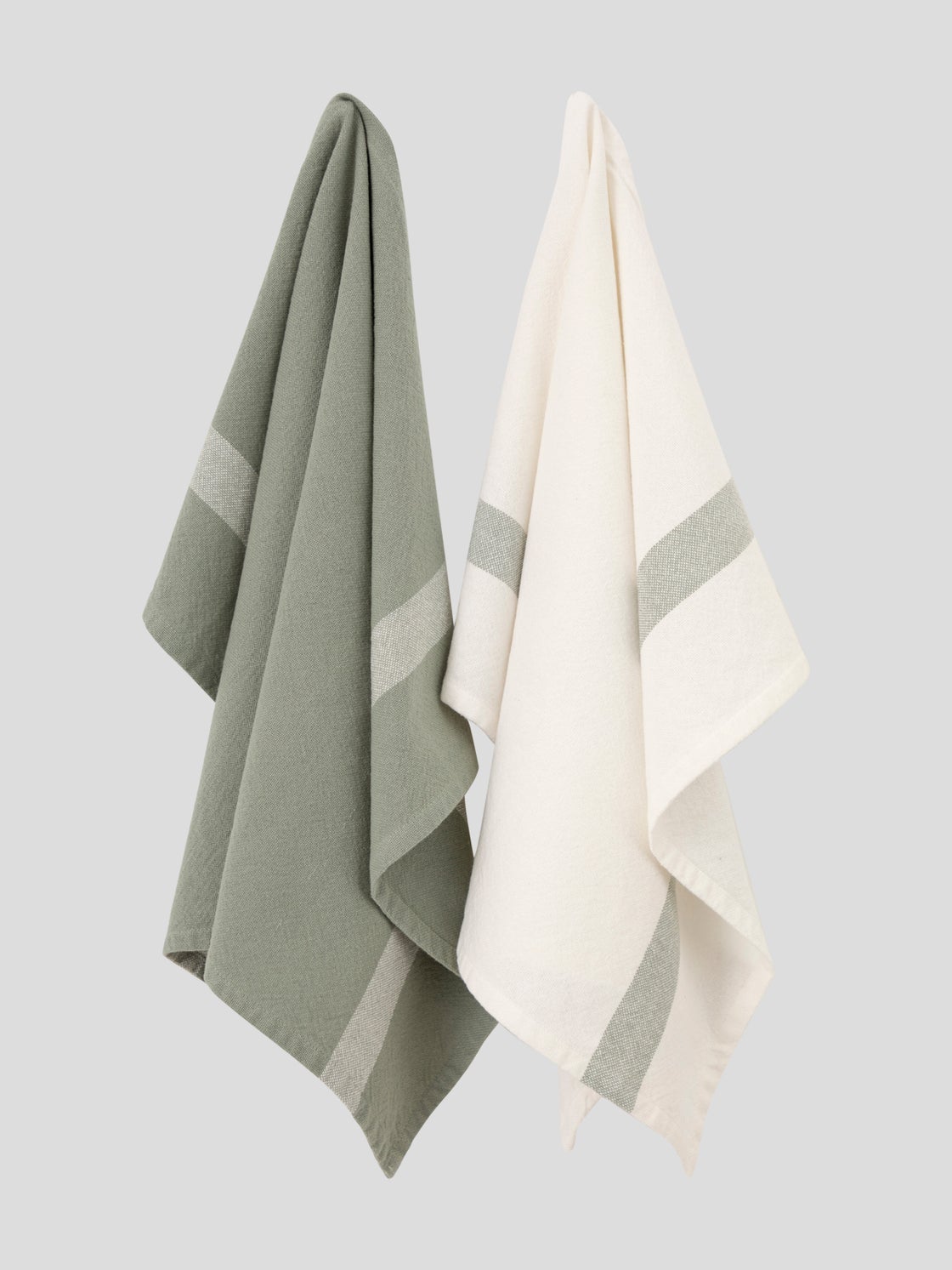 Grey, White, Green Striped Tea Towel Set, Set of 2 Tea towels